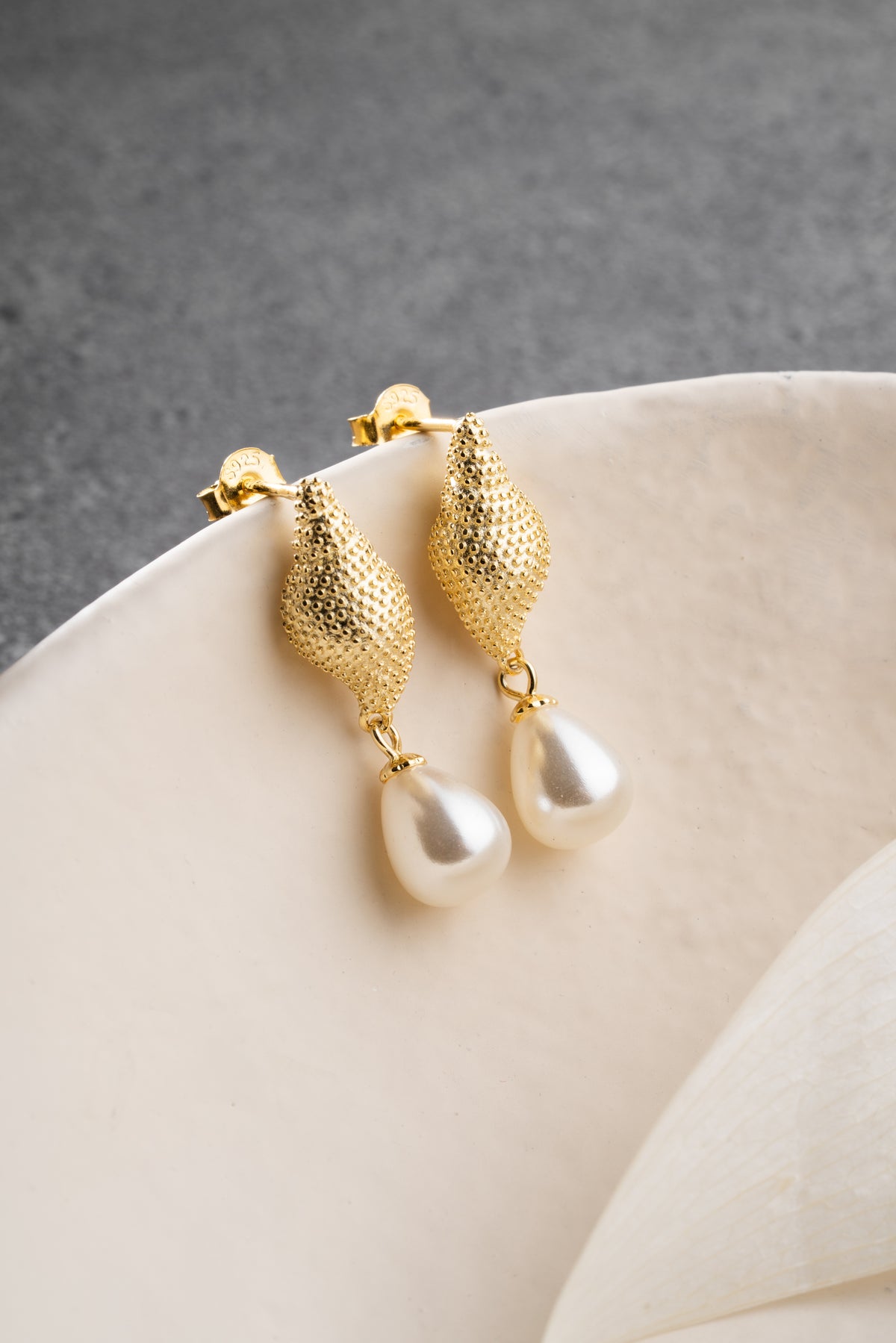 Gold Seashell Pearl Drop Earrings