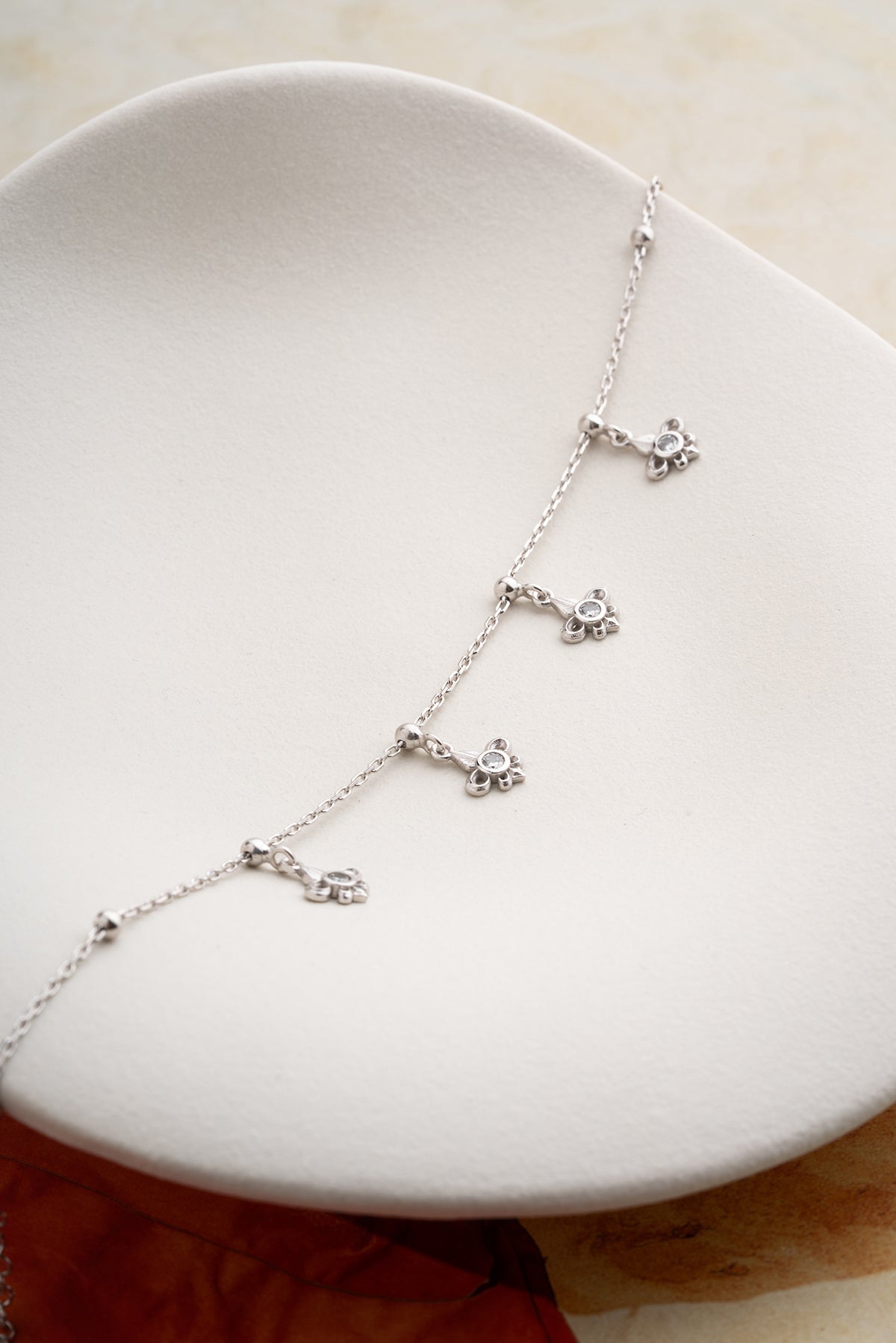 Crystal Flower Charm Anklet in Silver