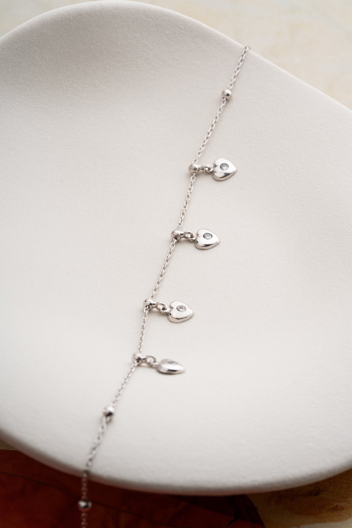 Crystal Heart Charm Anklet in Silver