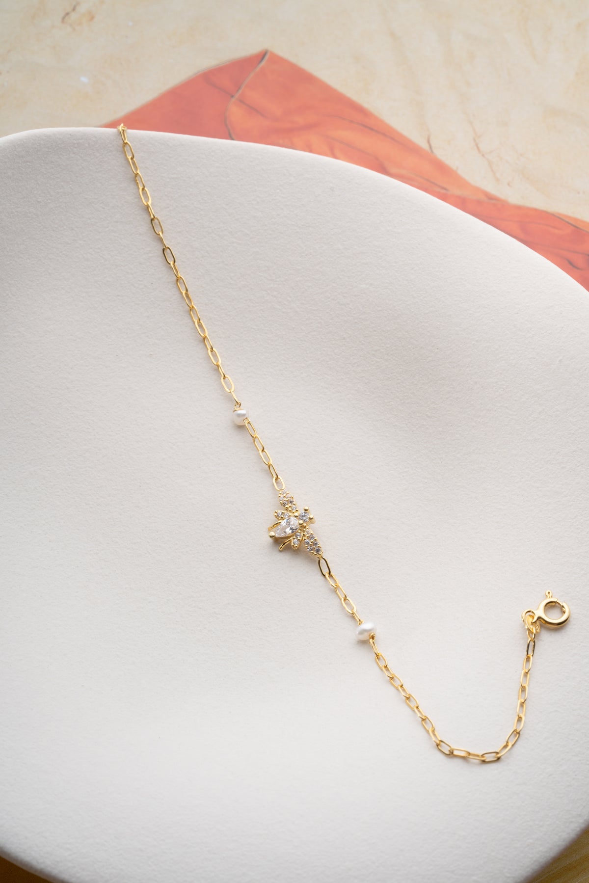 Pearl and Crystal Bee Charm Bracelet