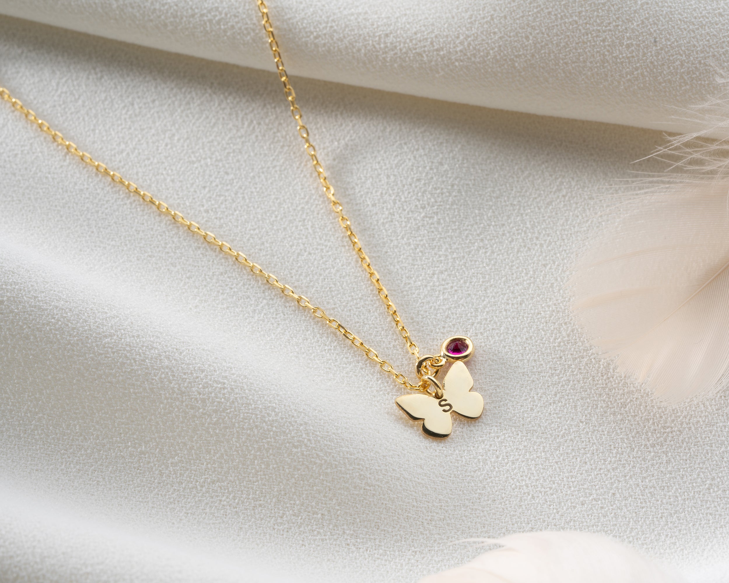 Minimal Butterfly Initial Birthstone Necklace