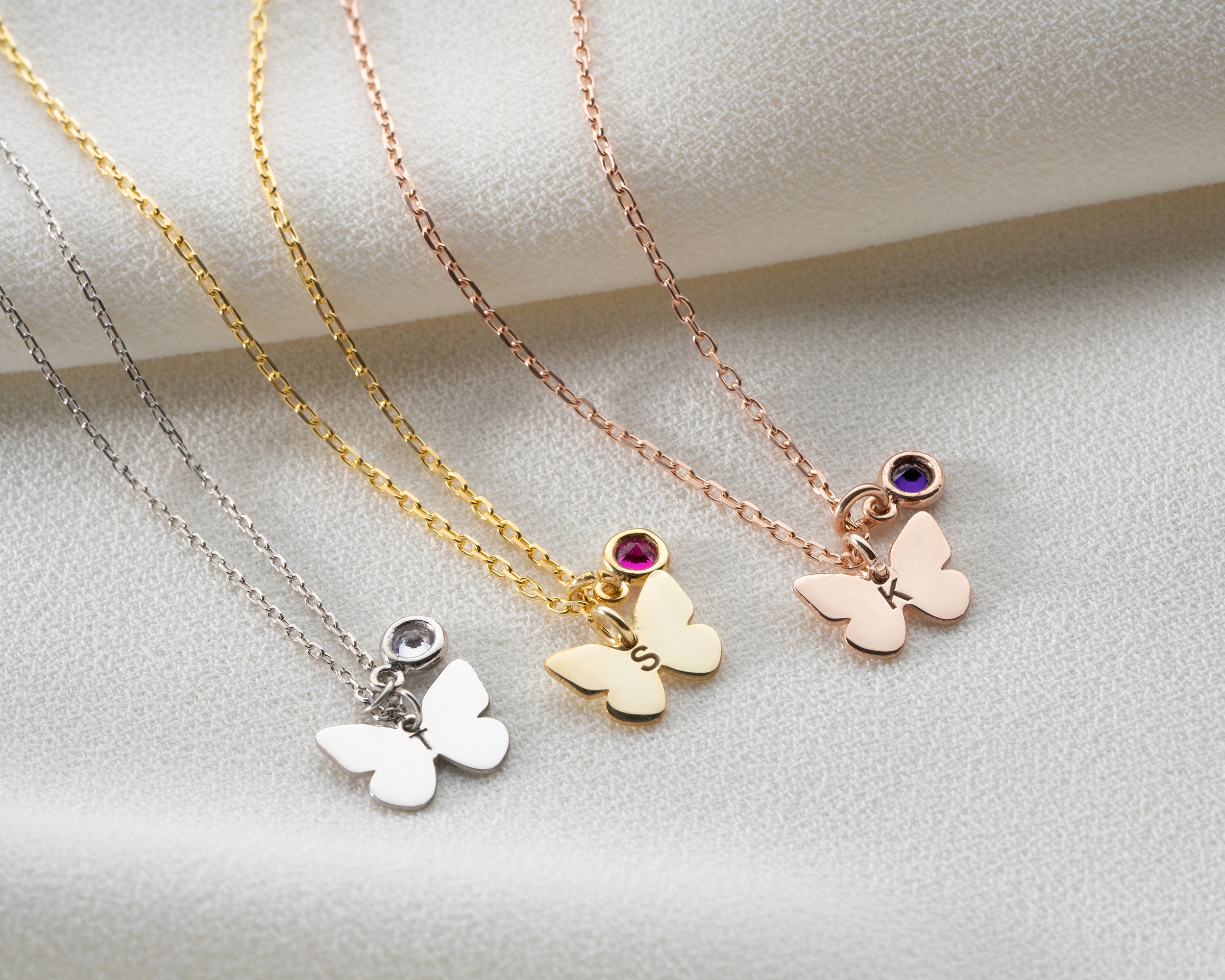 Minimal Butterfly Initial Birthstone Necklace