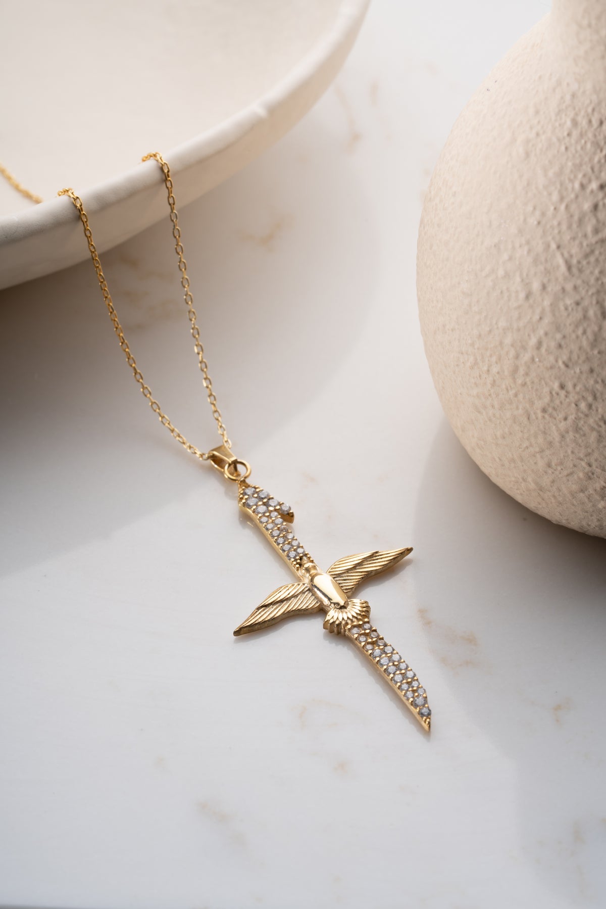 Winged Dagger Cross Necklace in Gold