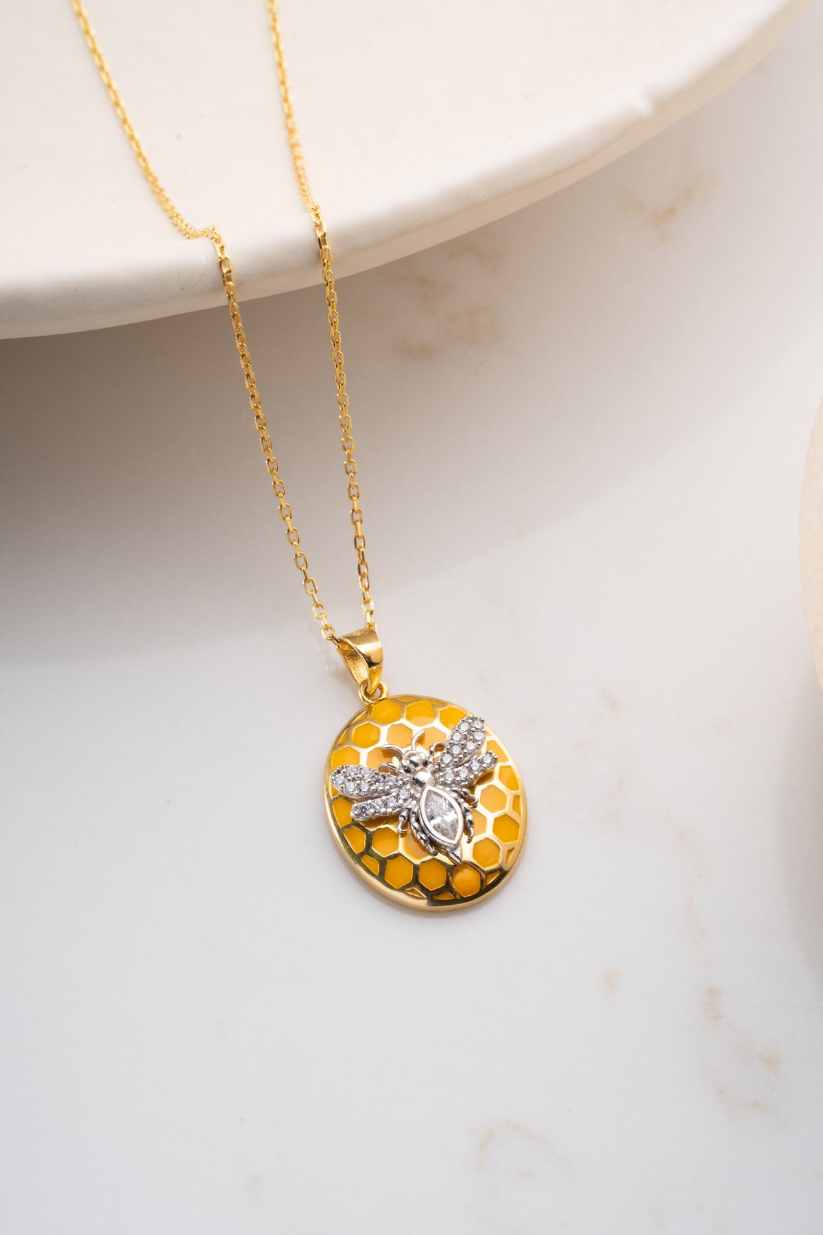 Gold Bee Honeycomb Pendant Necklace