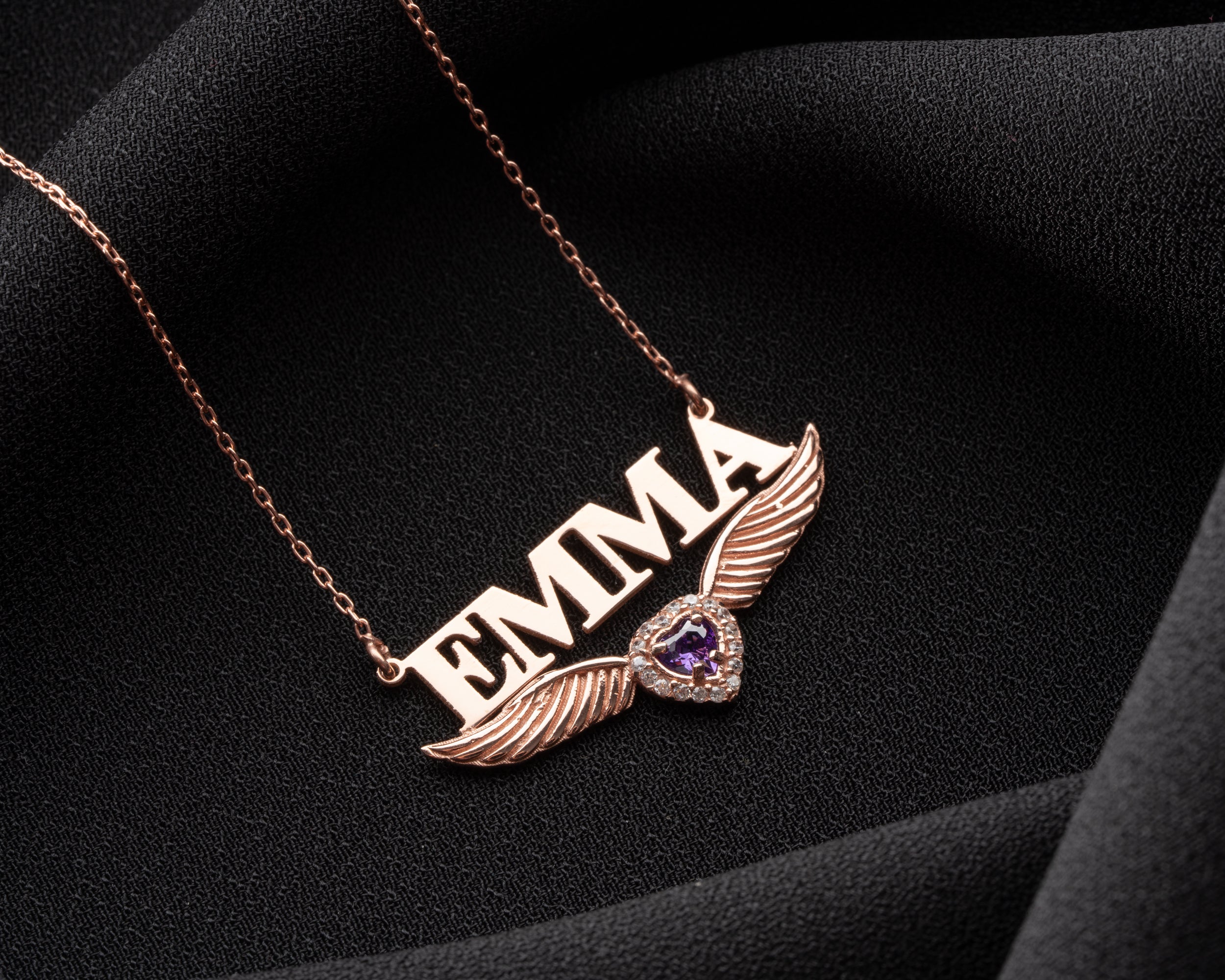 Angel Wing Name Necklace with Birthstone