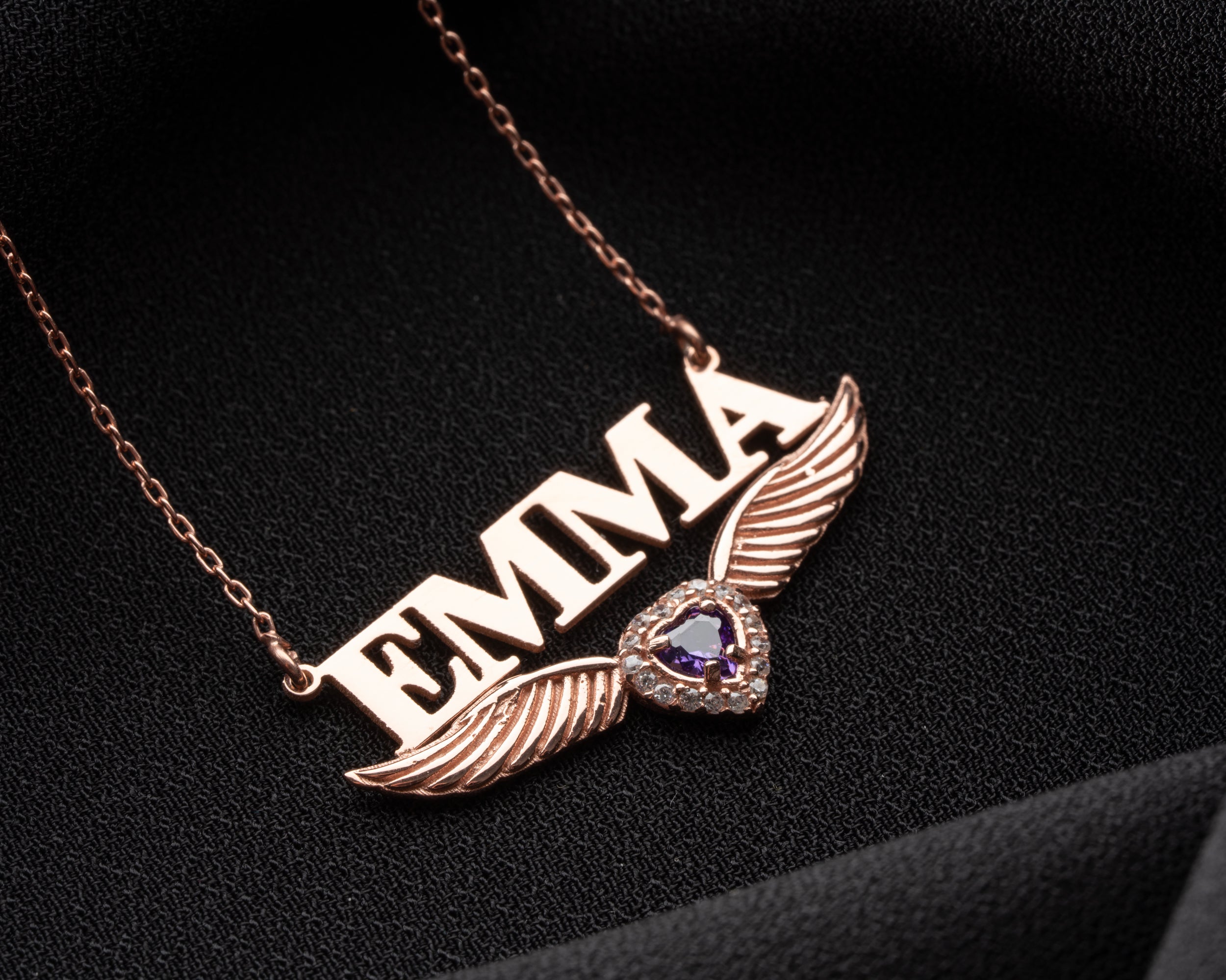 Angel Wing Name Necklace with Birthstone