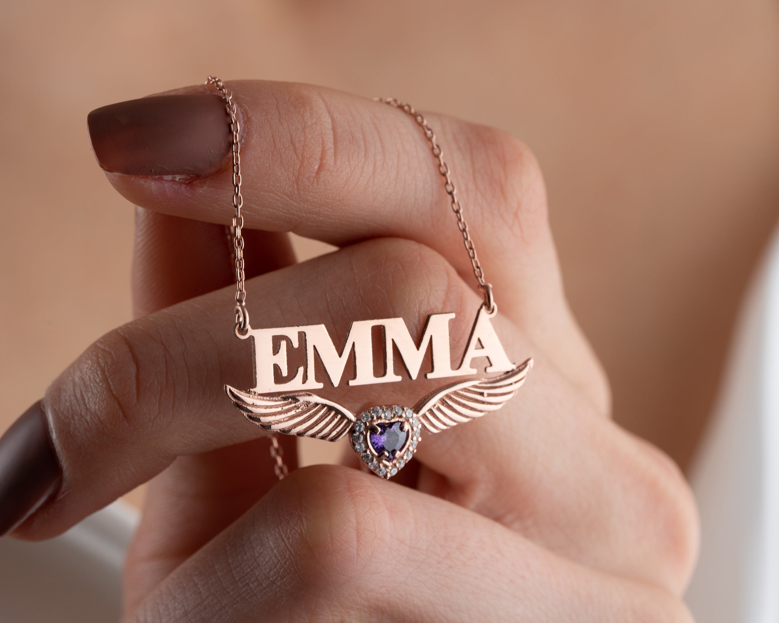 Angel Wing Name Necklace with Birthstone