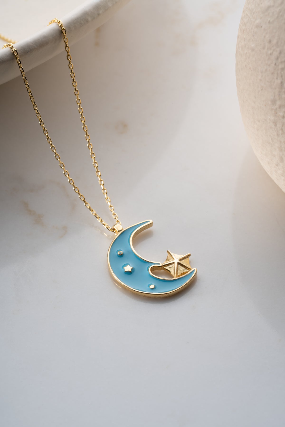 Blue Enamel Crescent Moon Necklace
