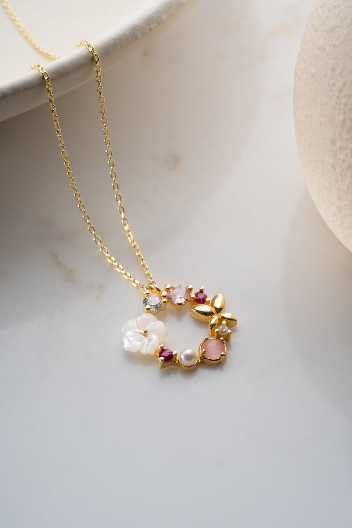 Flower Butterfly Gemstone Wreath Necklace