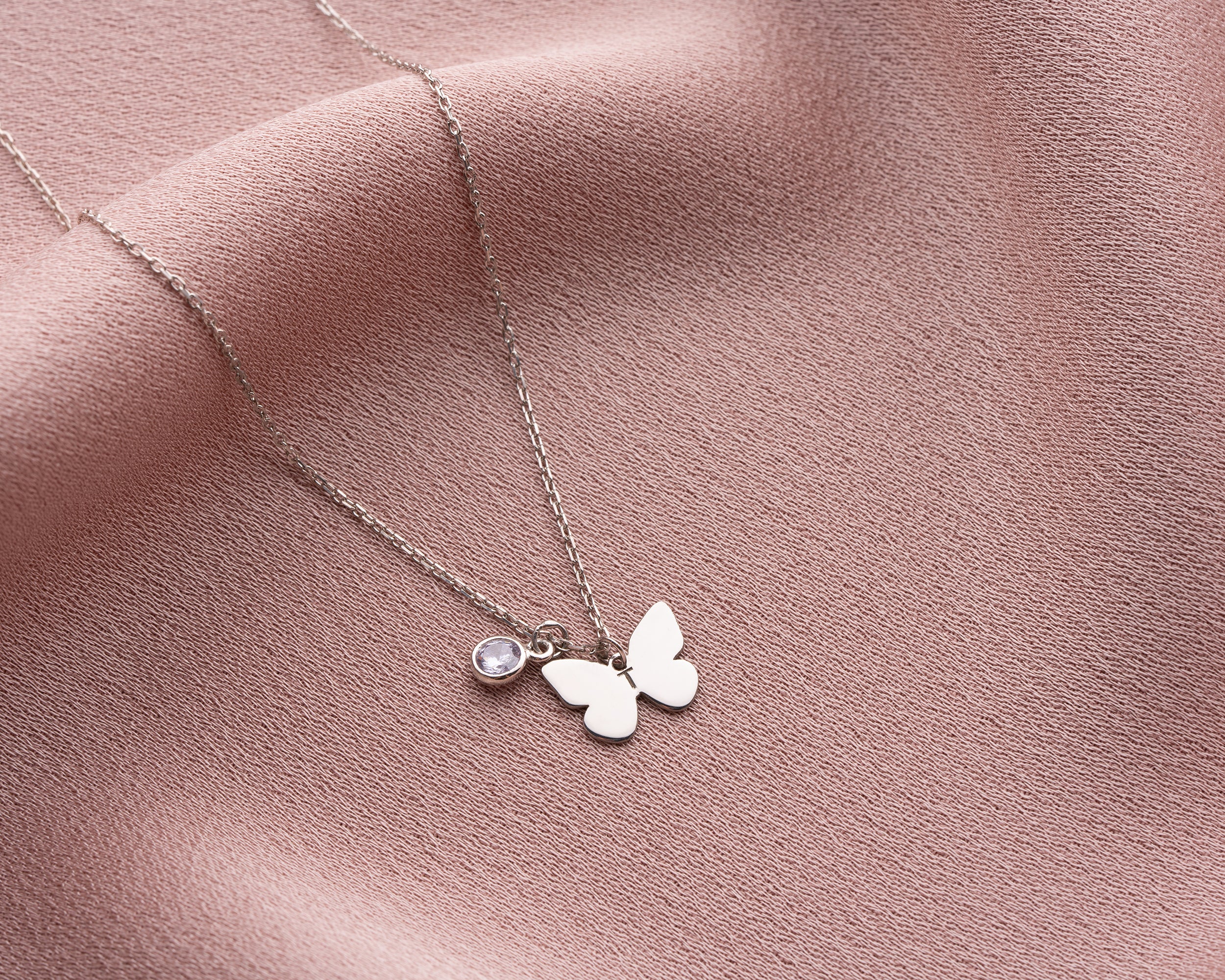Minimal Butterfly Initial Birthstone Necklace