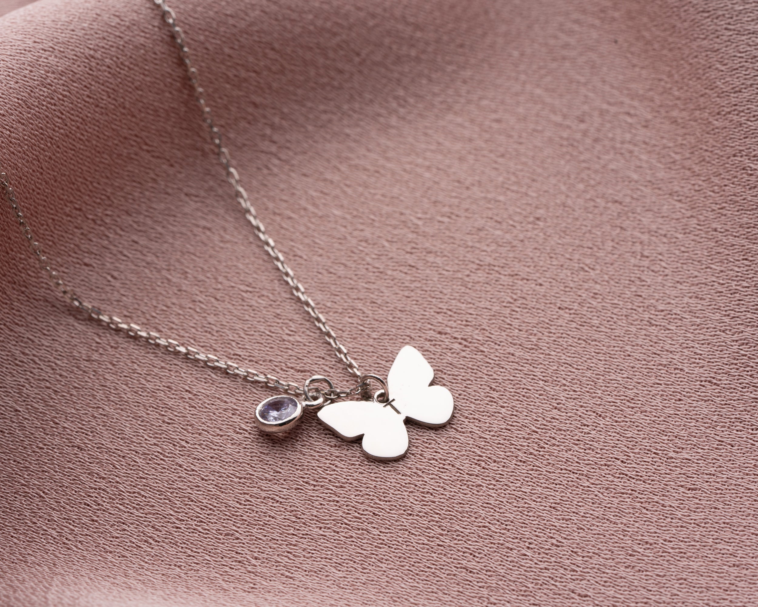 Minimal Butterfly Initial Birthstone Necklace
