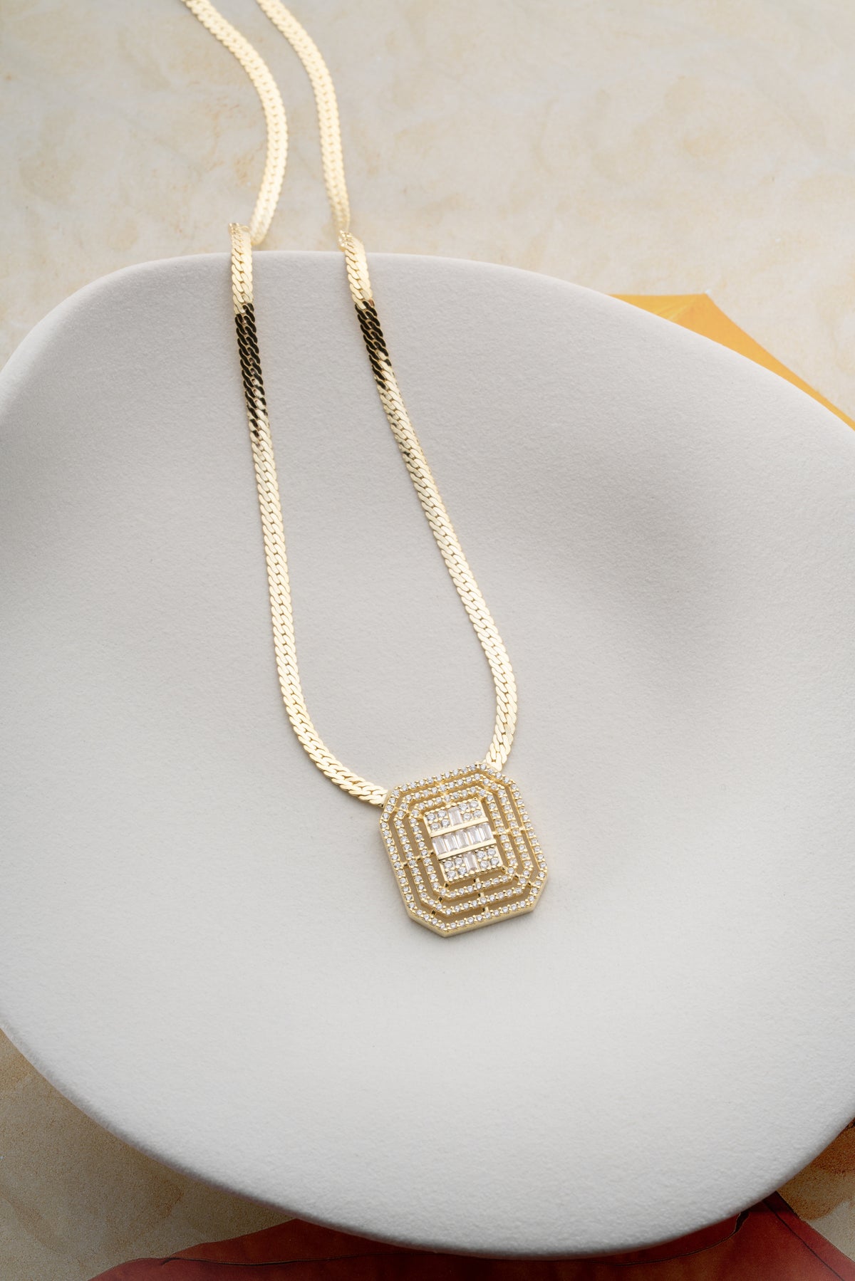 Art Deco Baguette Pendant Snake Chain Necklace