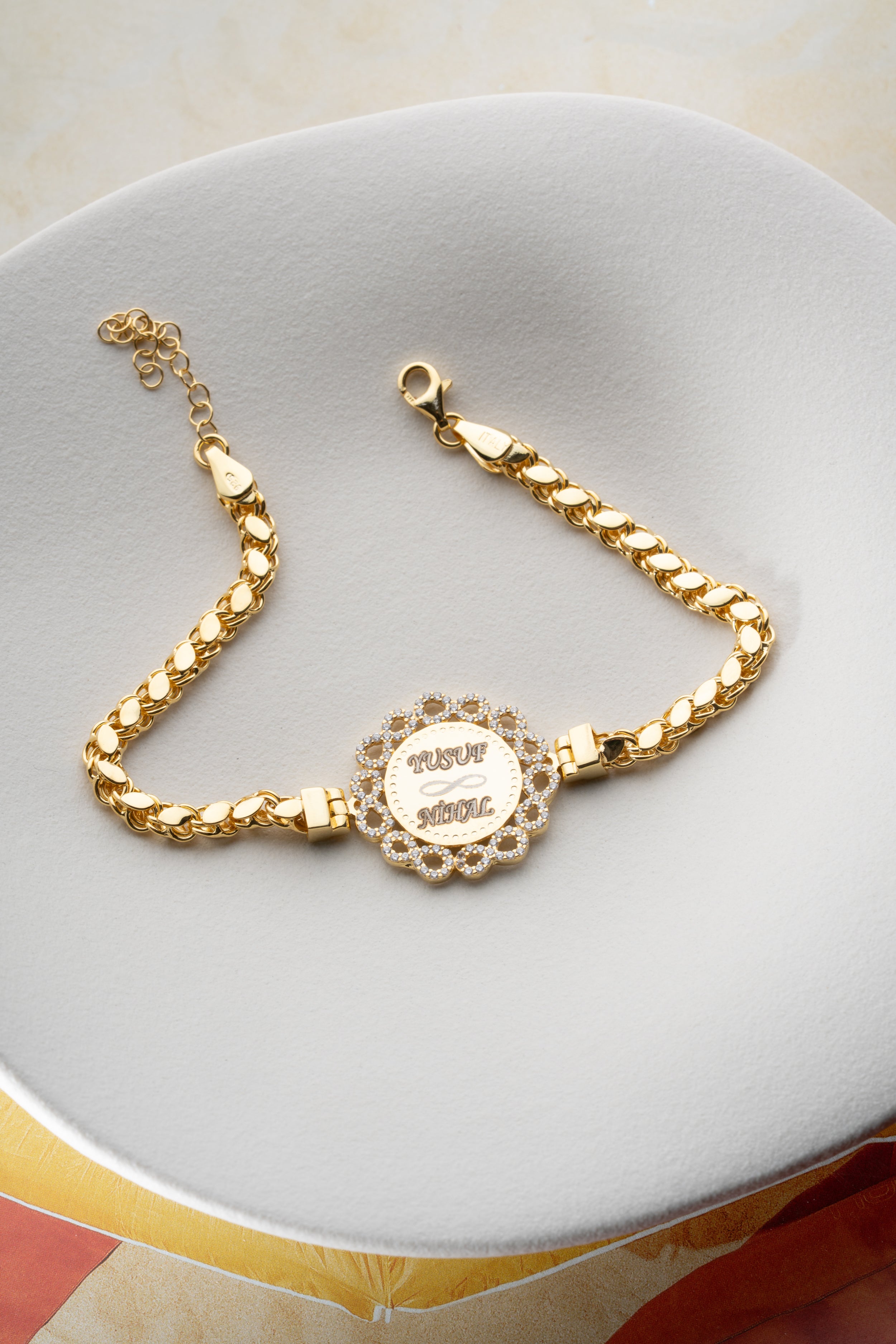 Engraved Two Name Infinity Medallion Bracelet