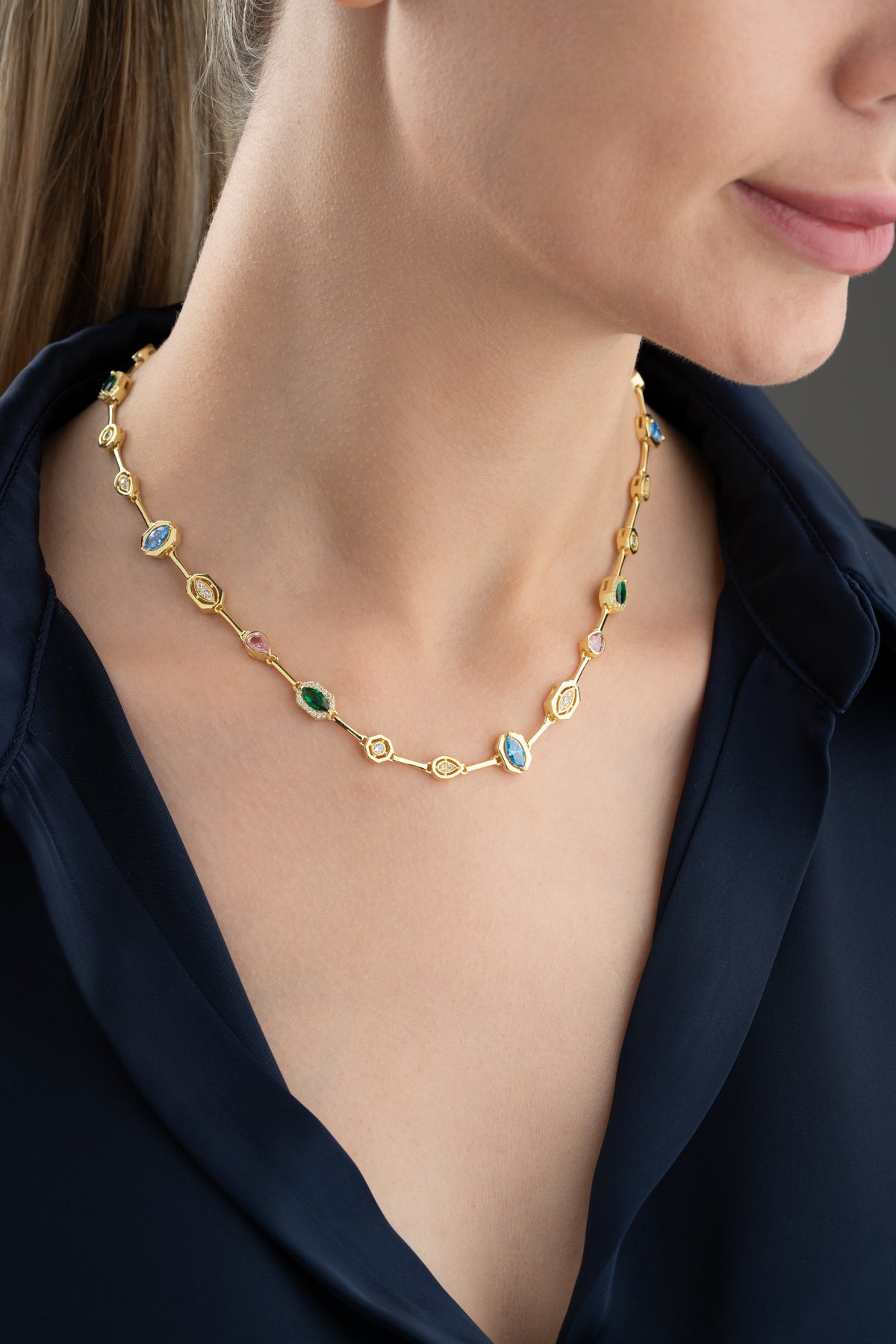 Multi-Gem Station Necklace in Gold