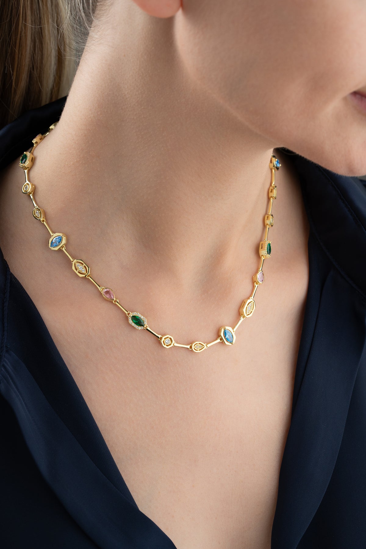 Multi-Gem Station Necklace in Gold