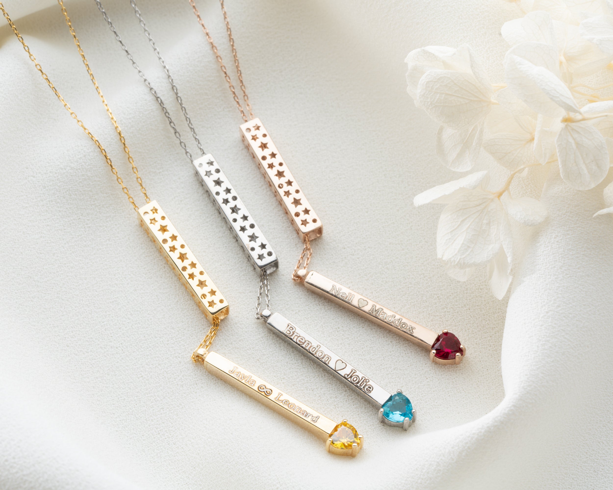 Engraved Bar Necklace with Heart Birthstone