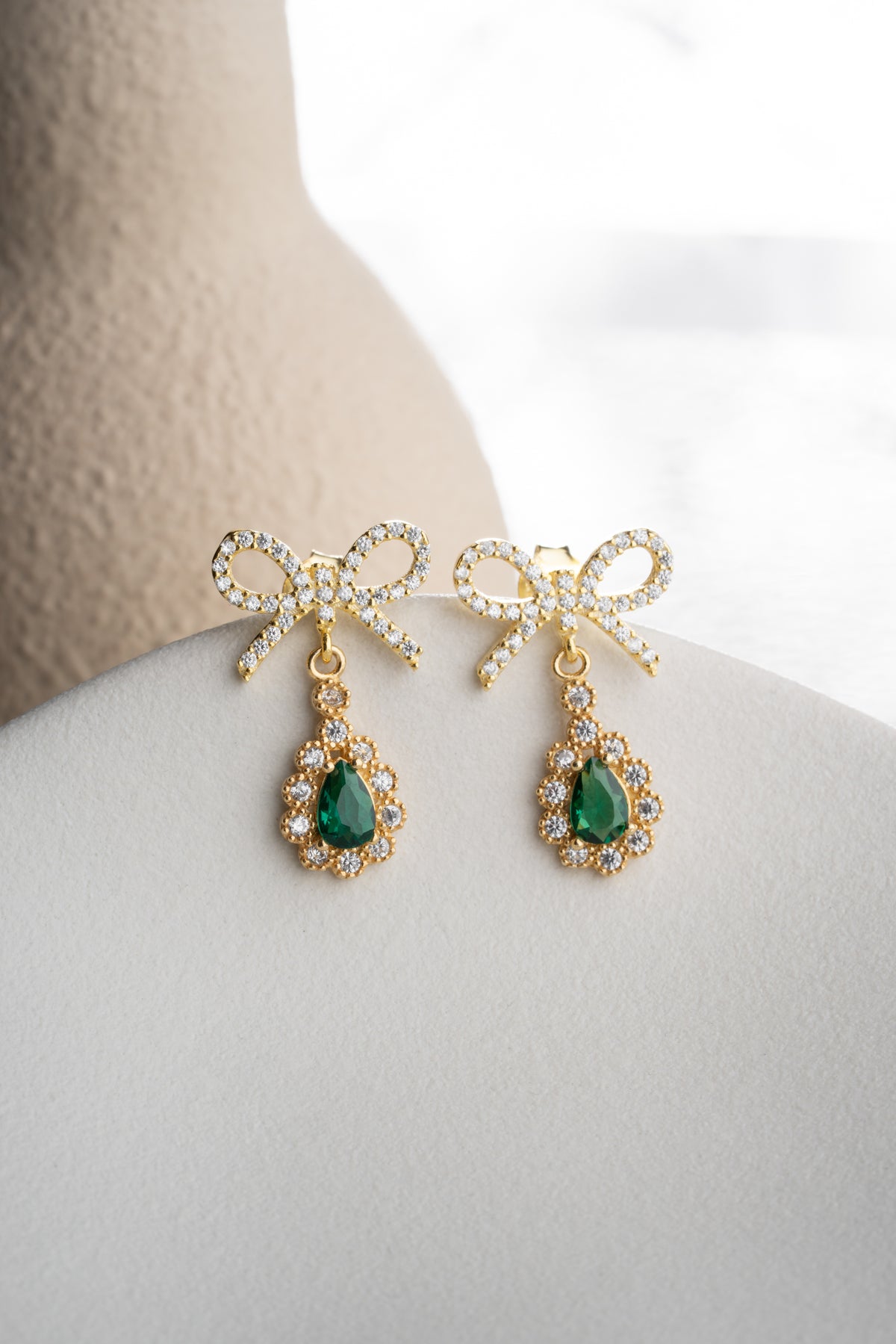 Emerald Bow Drop Earrings in Gold
