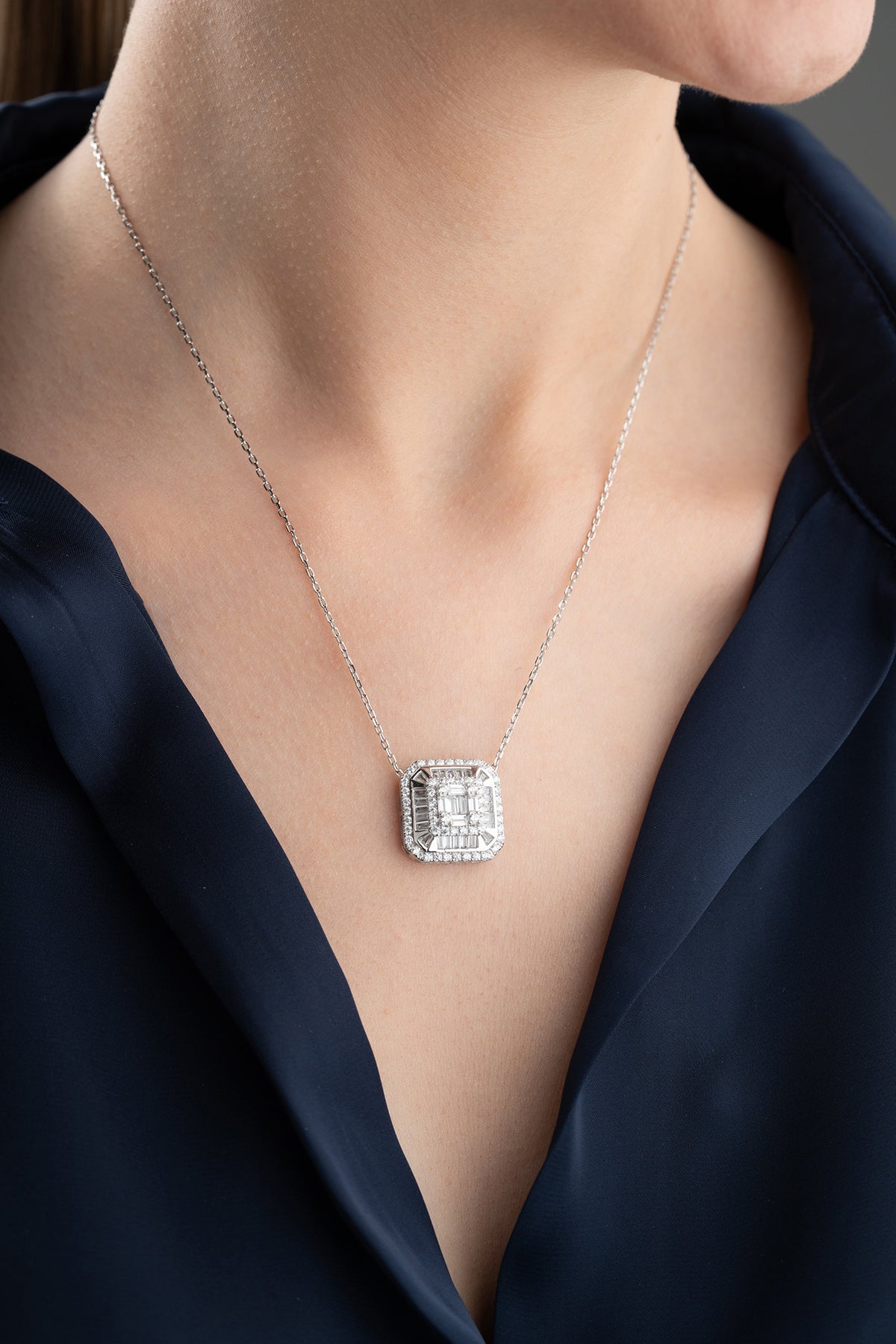Silver Baguette Cluster Pendant Necklace