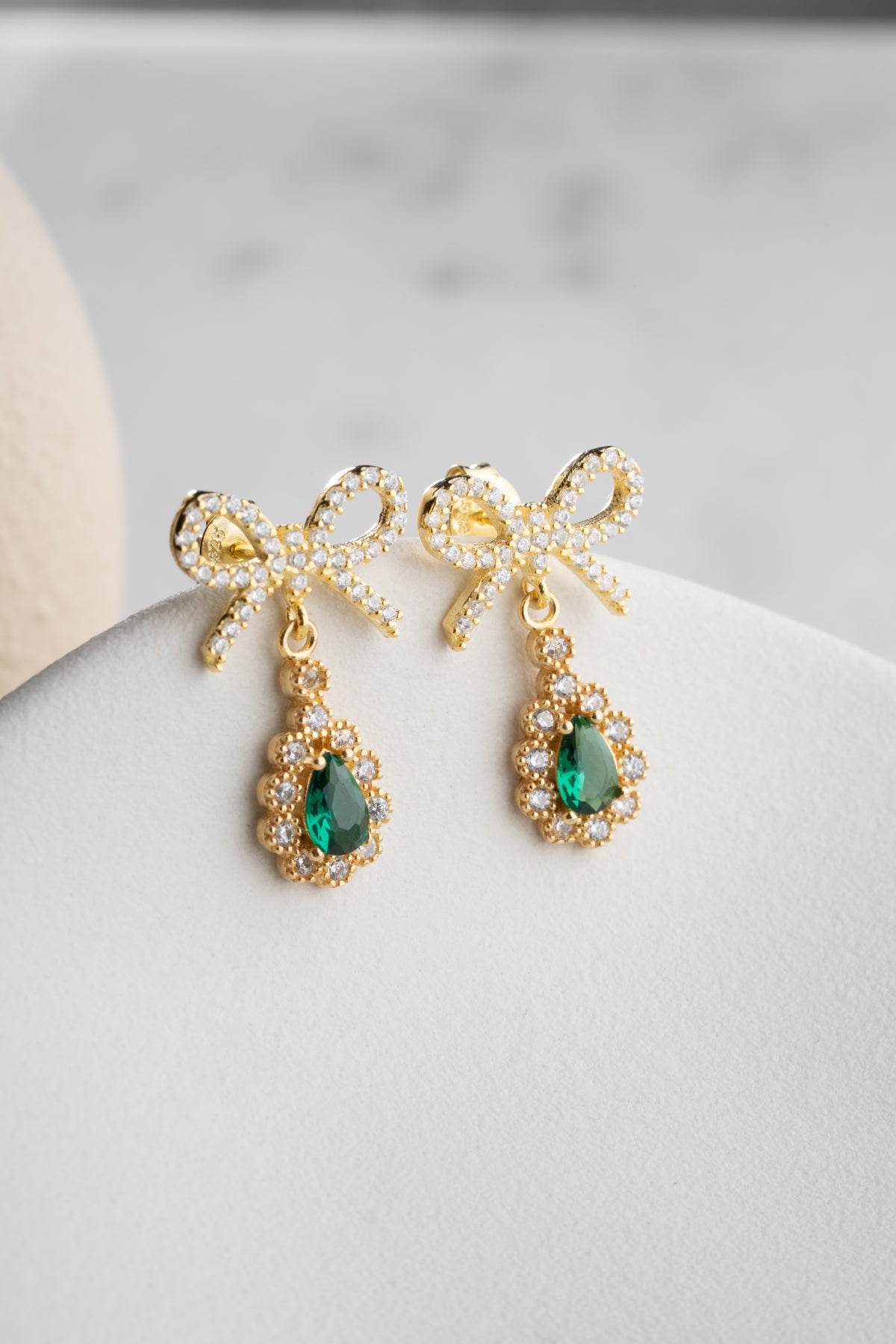 Emerald Bow Drop Earrings in Gold