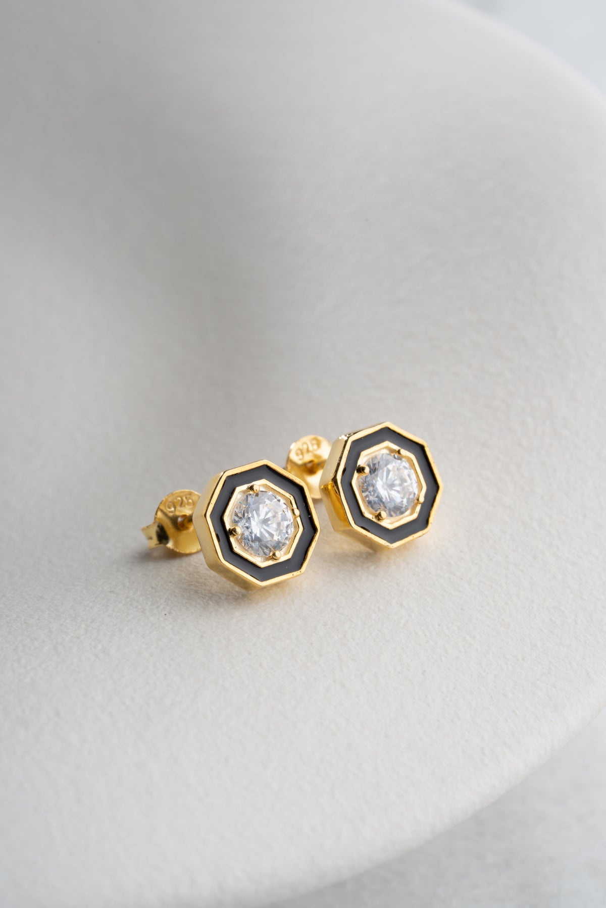 Black Enamel Octagon Stud Earrings in Gold