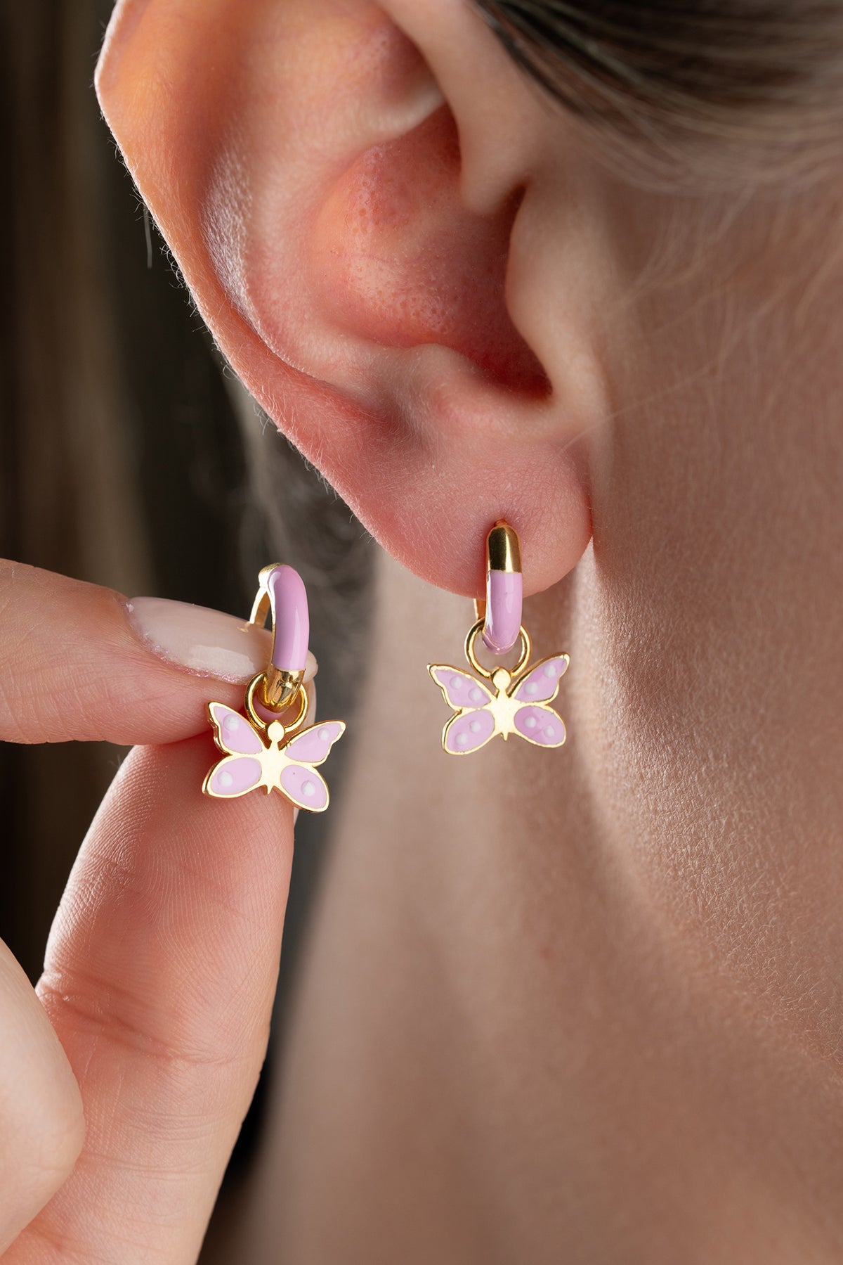 Pink Enamel Butterfly Hoop Earrings