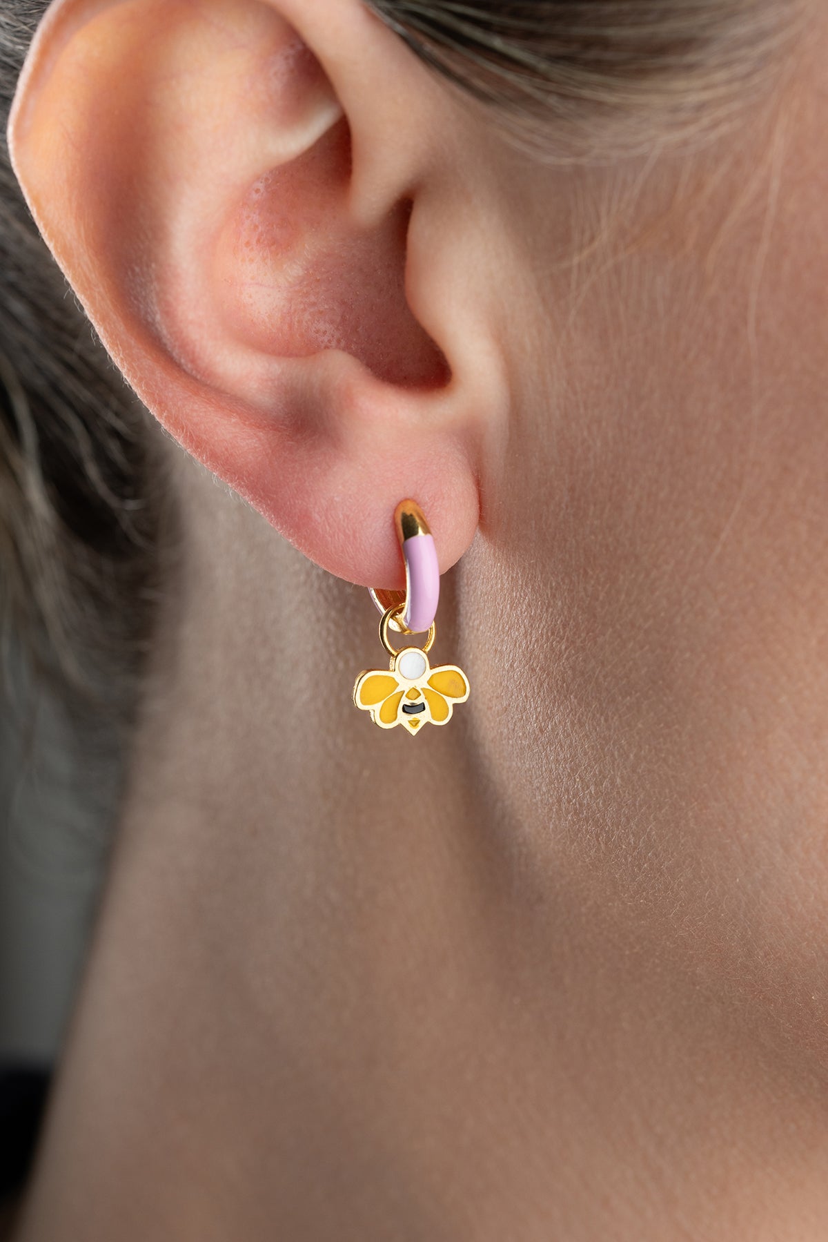 Purple Enamel Bee Charm Hoop Earrings