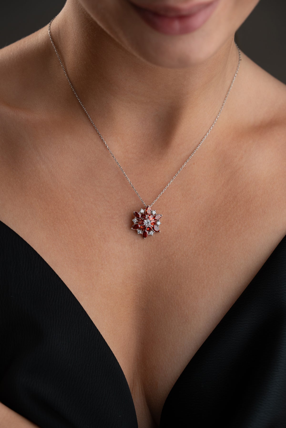 Garnet Flower Cluster Pendant Necklace