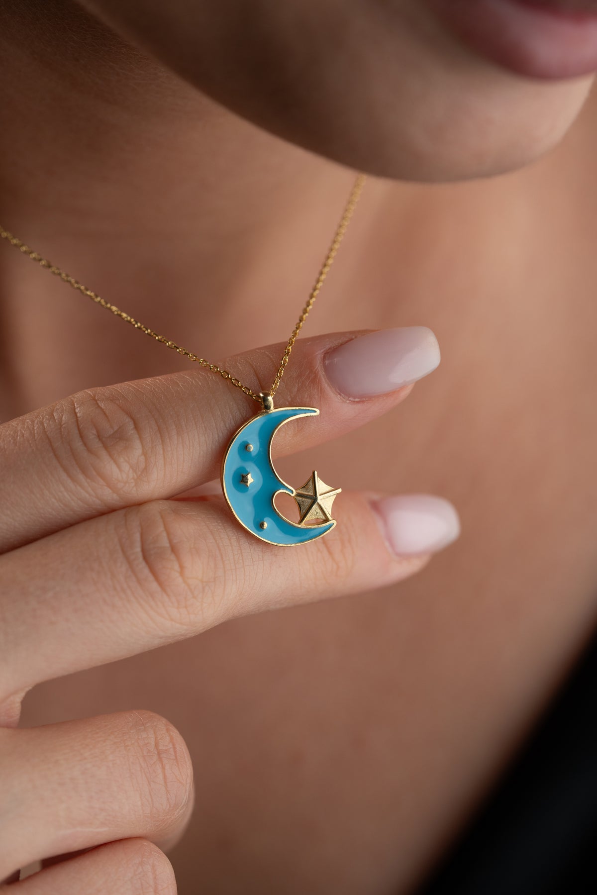 Blue Enamel Crescent Moon Necklace