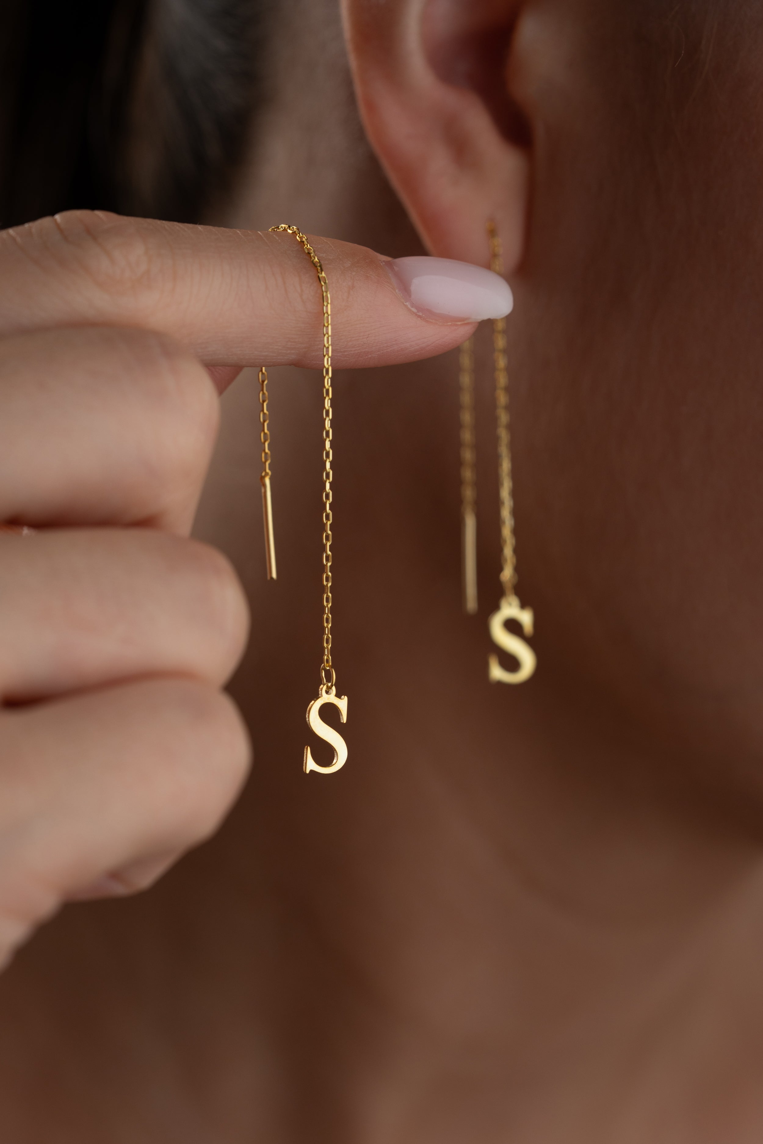 Custom Initial Threader Earrings in Gold