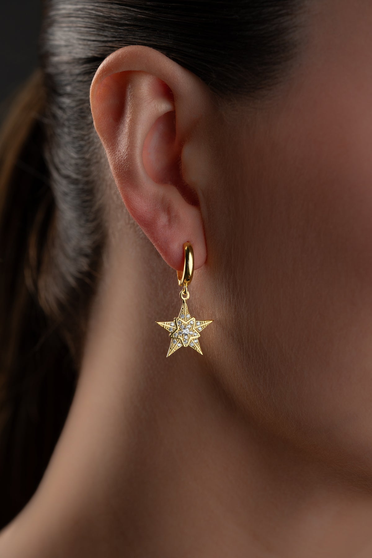 Pave Star Dangle Earrings in Gold