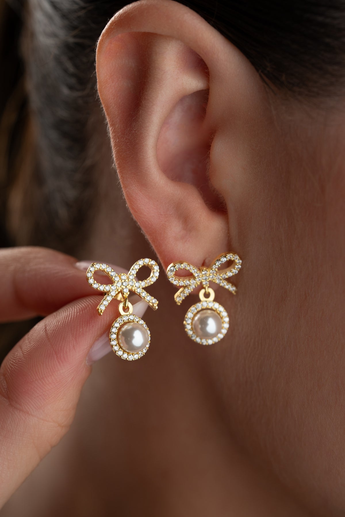 Pearl Bow Drop Earrings in Gold