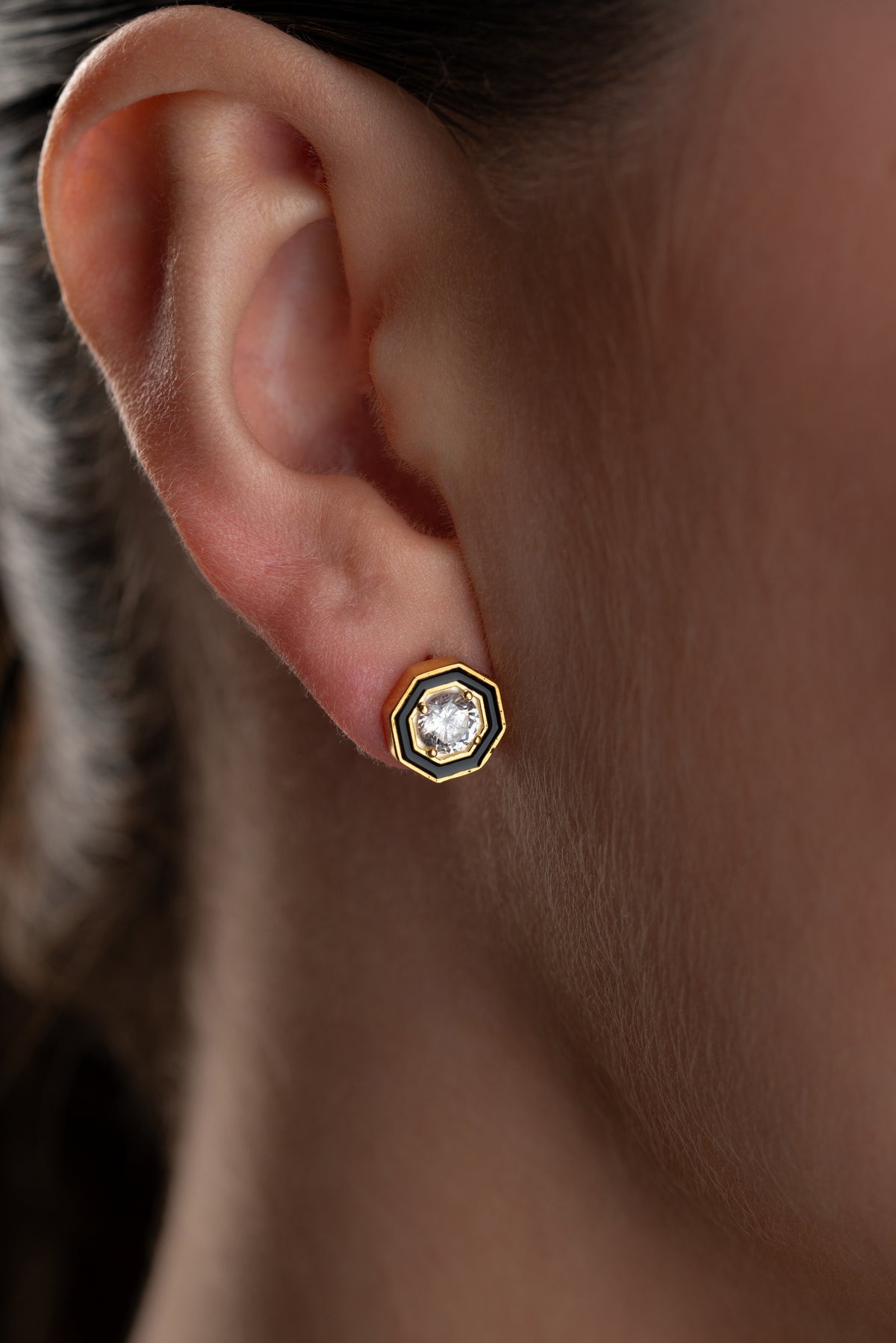 Black Enamel Octagon Stud Earrings in Gold