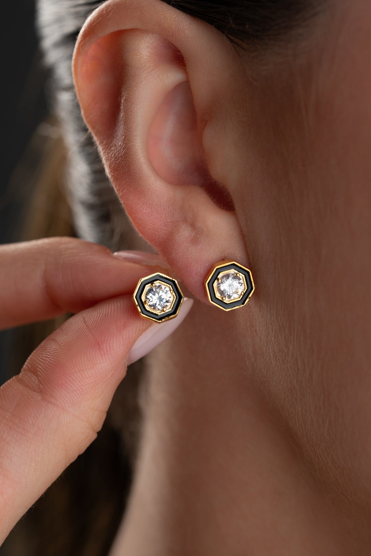 Black Enamel Octagon Stud Earrings in Gold