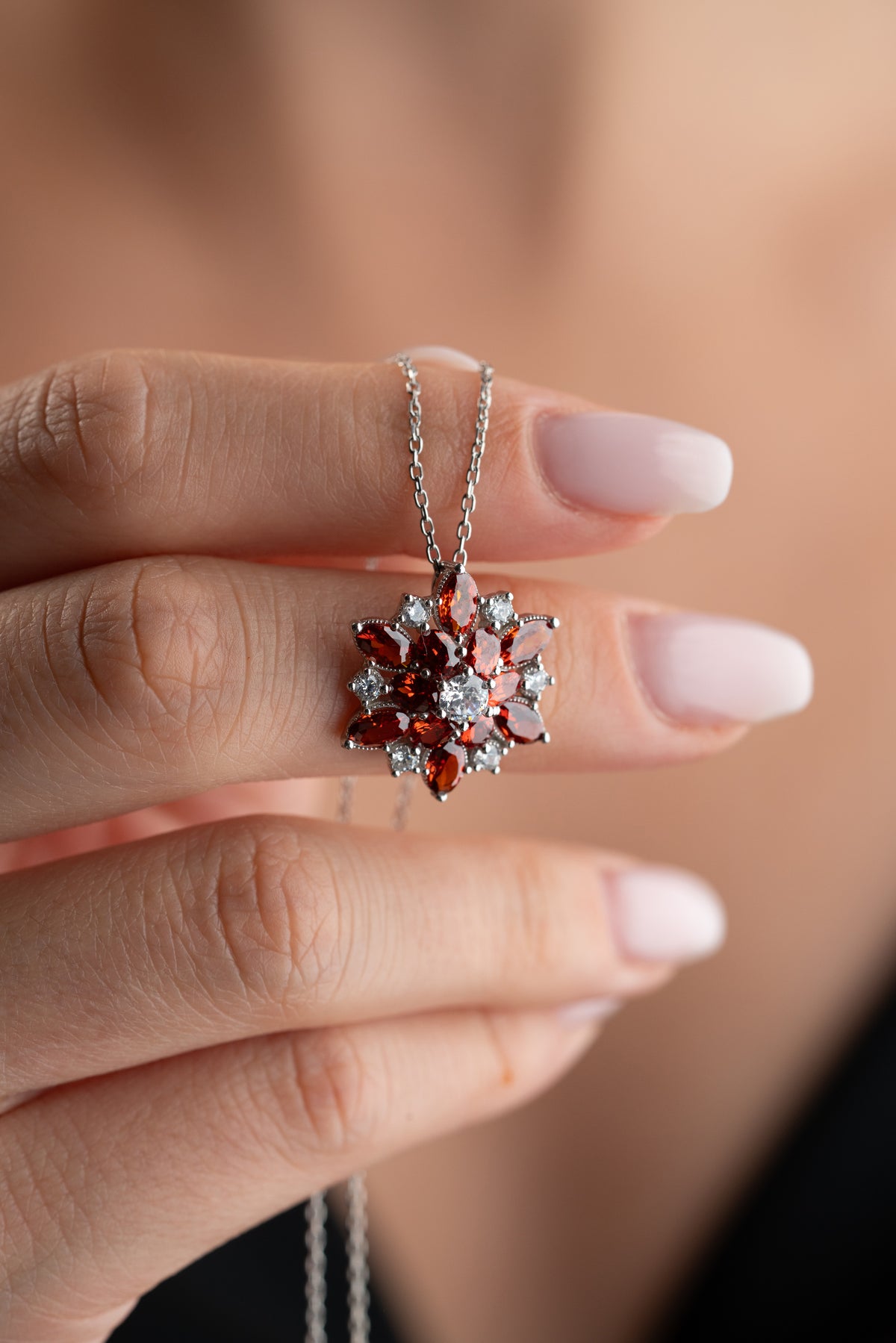 Garnet Flower Cluster Pendant Necklace