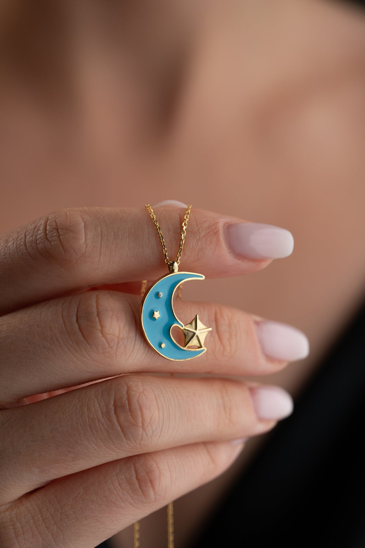 Blue Enamel Crescent Moon Necklace