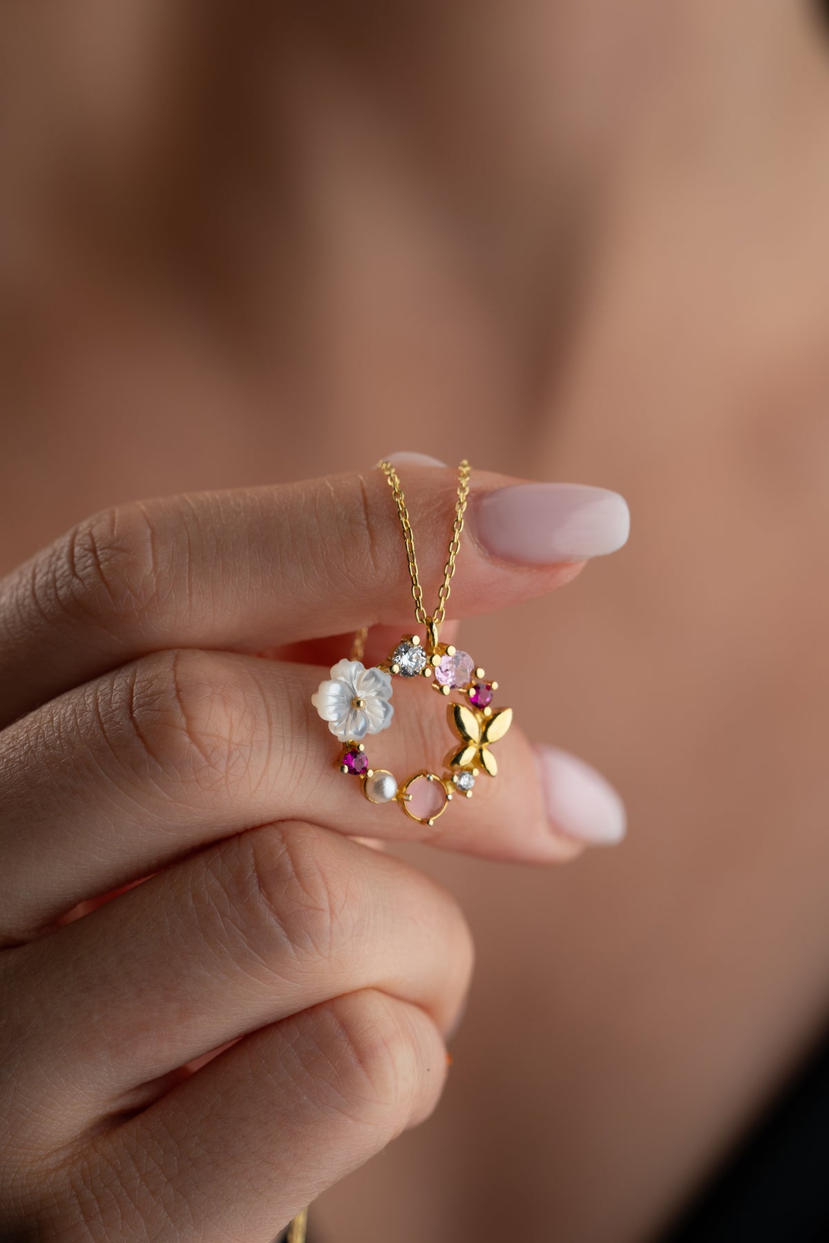 Flower Butterfly Gemstone Wreath Necklace