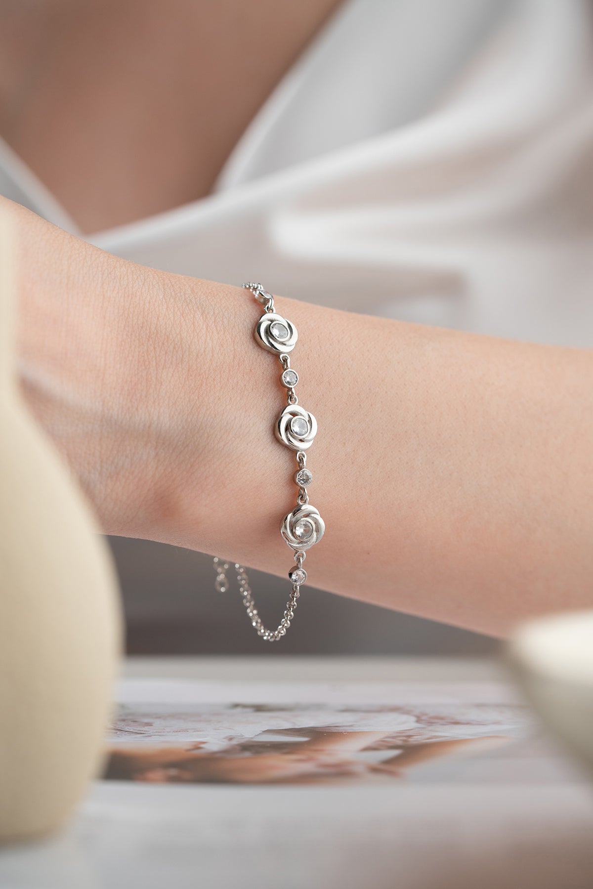 Rose Flower Station Bracelet in Silver