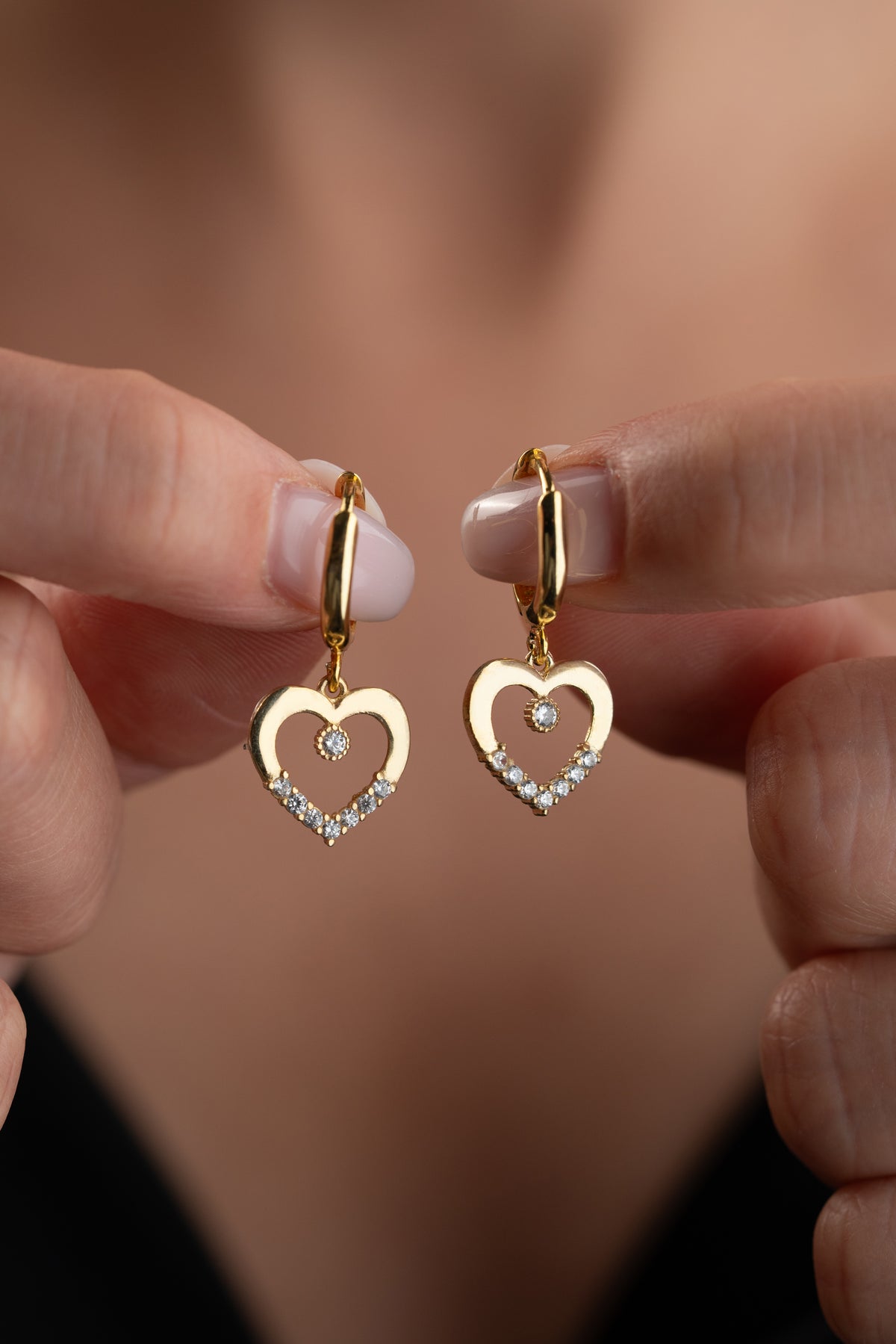 Open Heart Pave Huggie Earrings in Gold