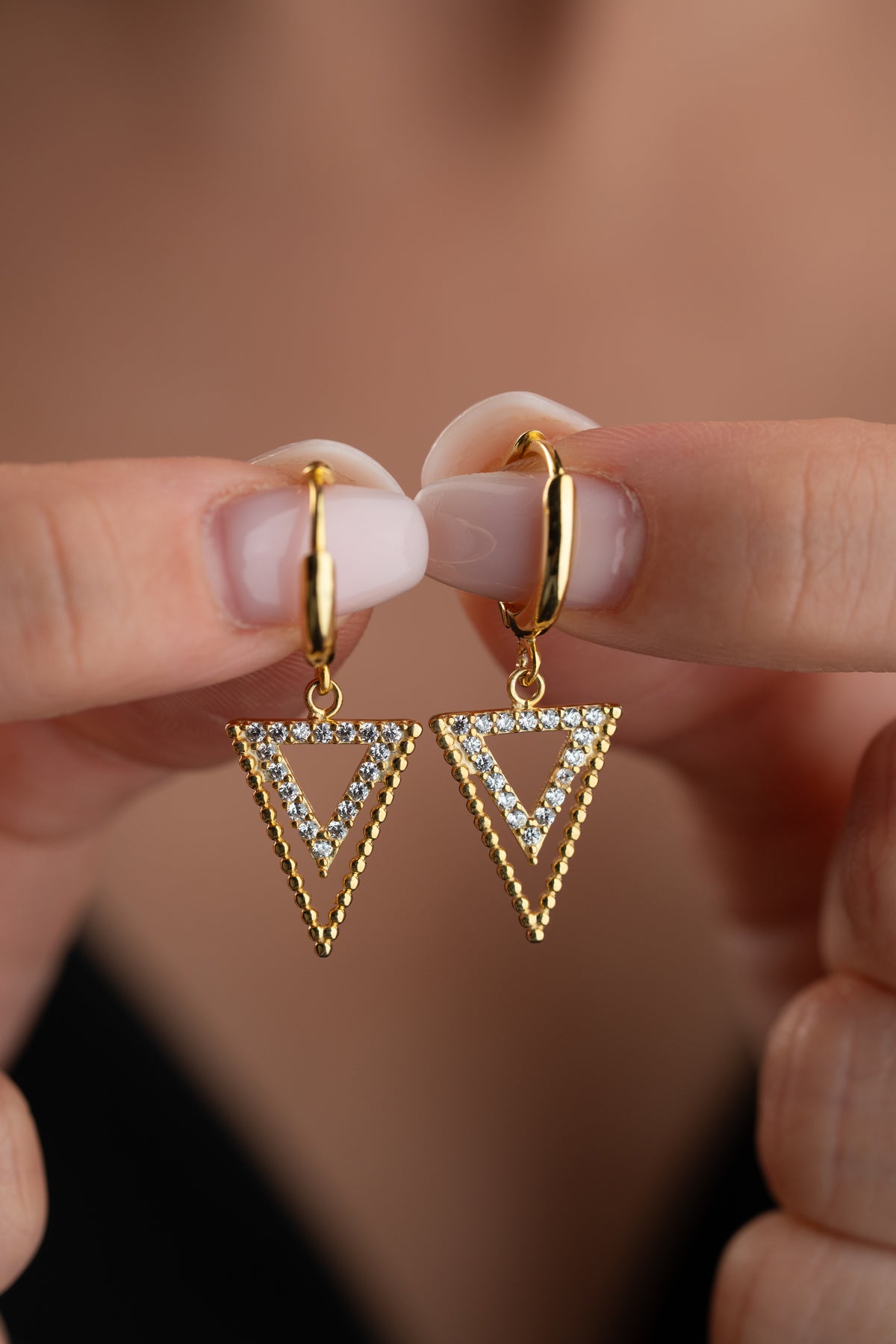 Gold Pave Triangle Drop Huggie Earrings