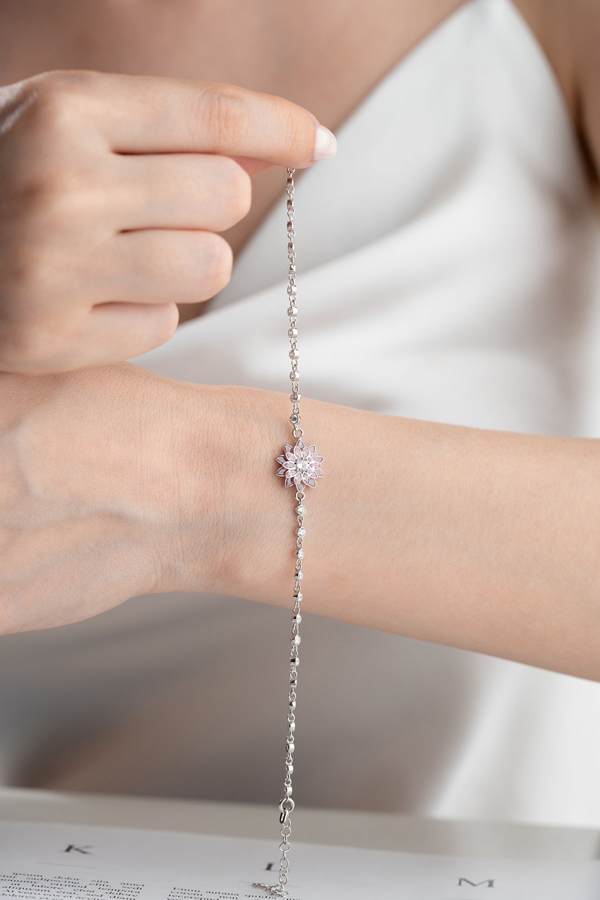 Pink Lotus Flower Crystal Bracelet