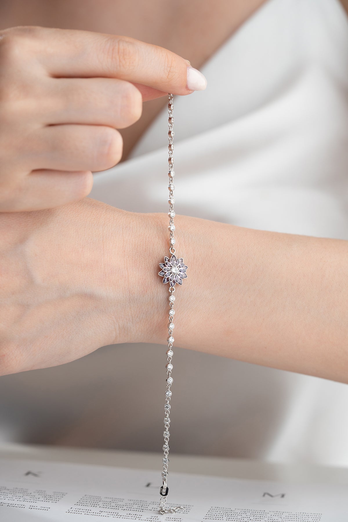 Purple Lotus Flower Crystal Bracelet in Silver