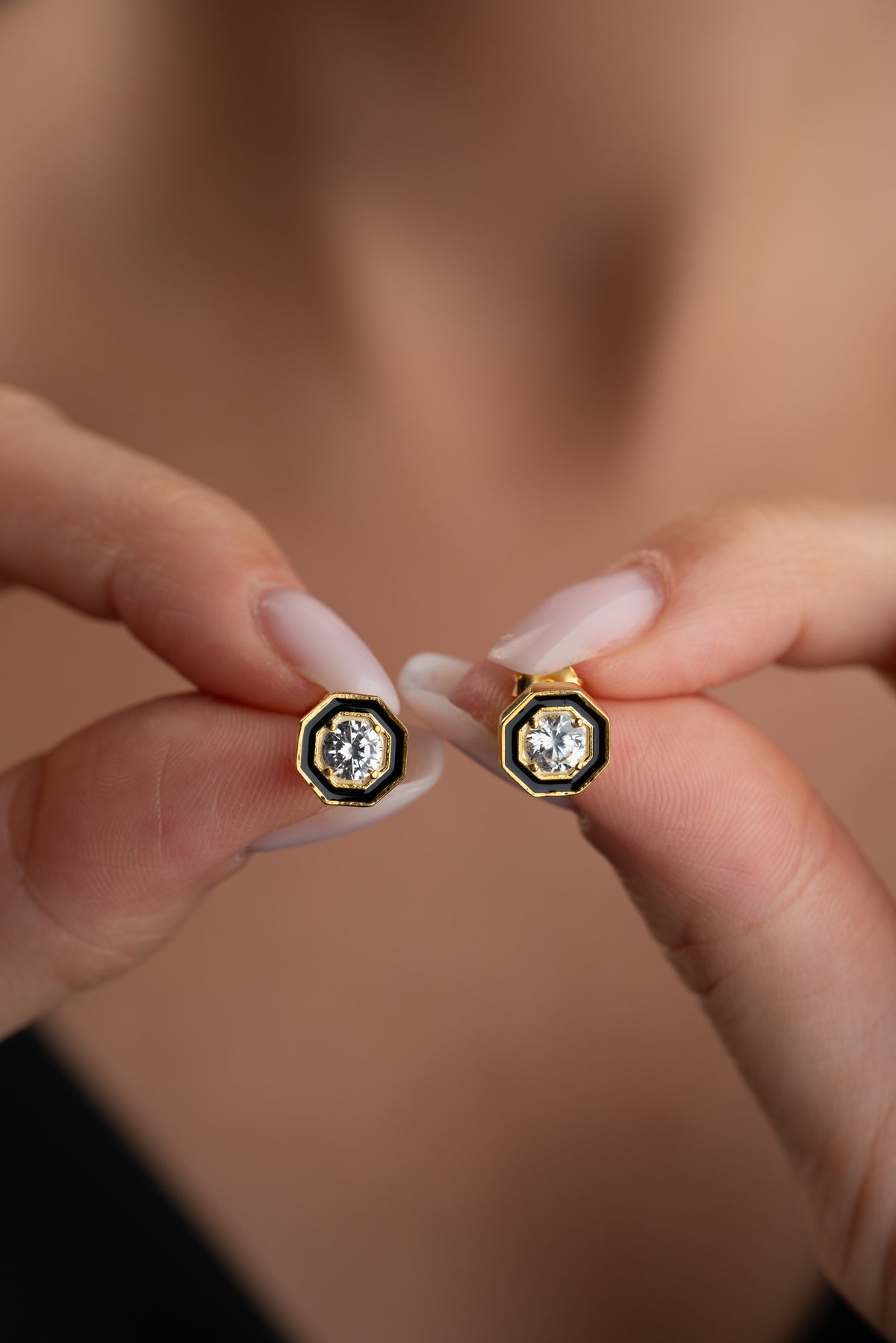 Black Enamel Octagon Stud Earrings in Gold