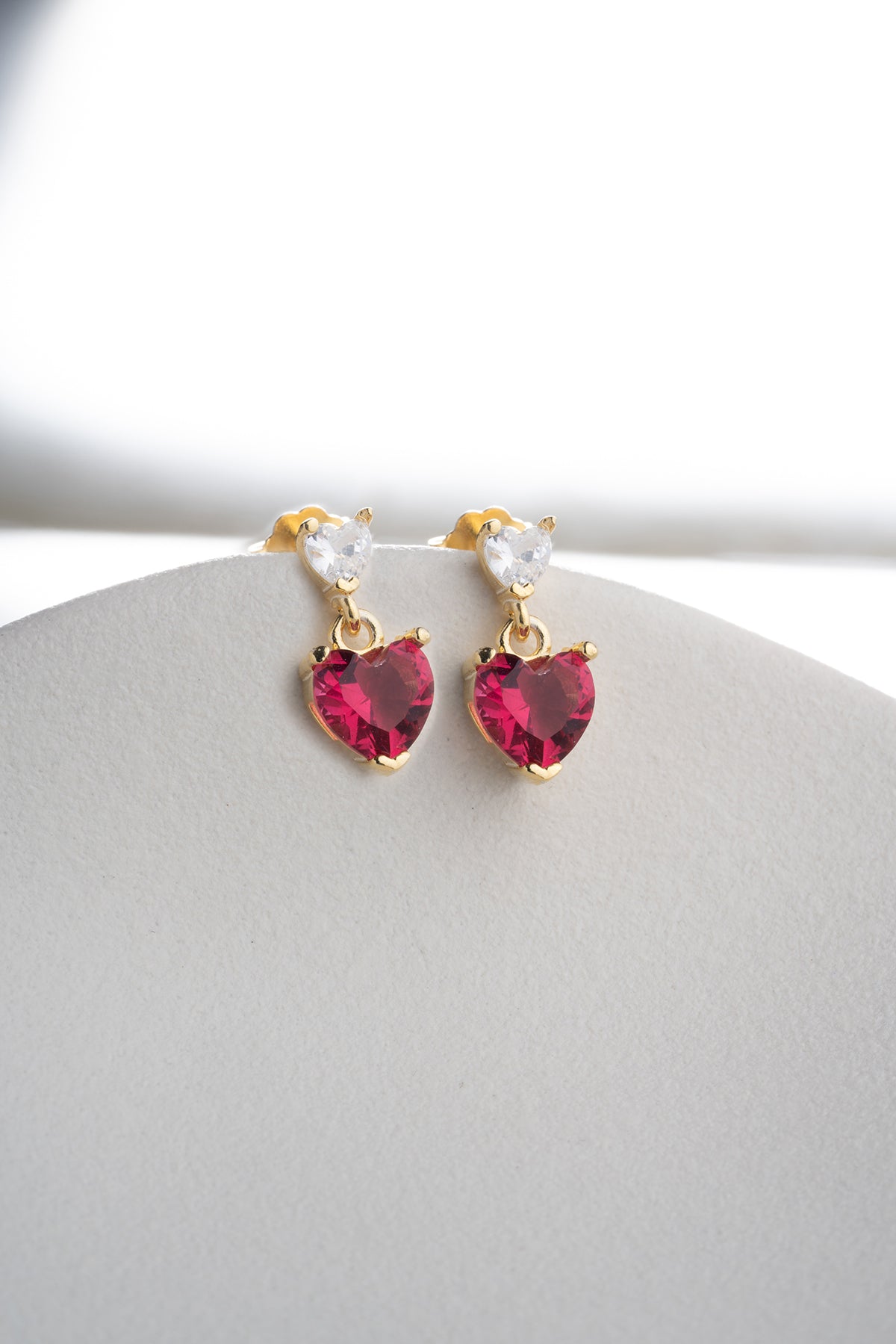 Red Heart Crystal Drop Earrings in Gold