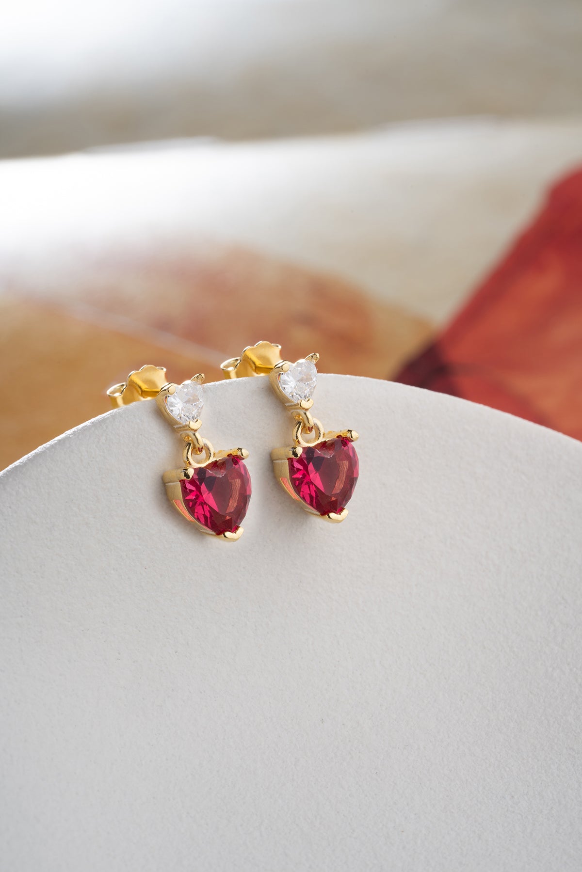 Red Heart Crystal Drop Earrings in Gold