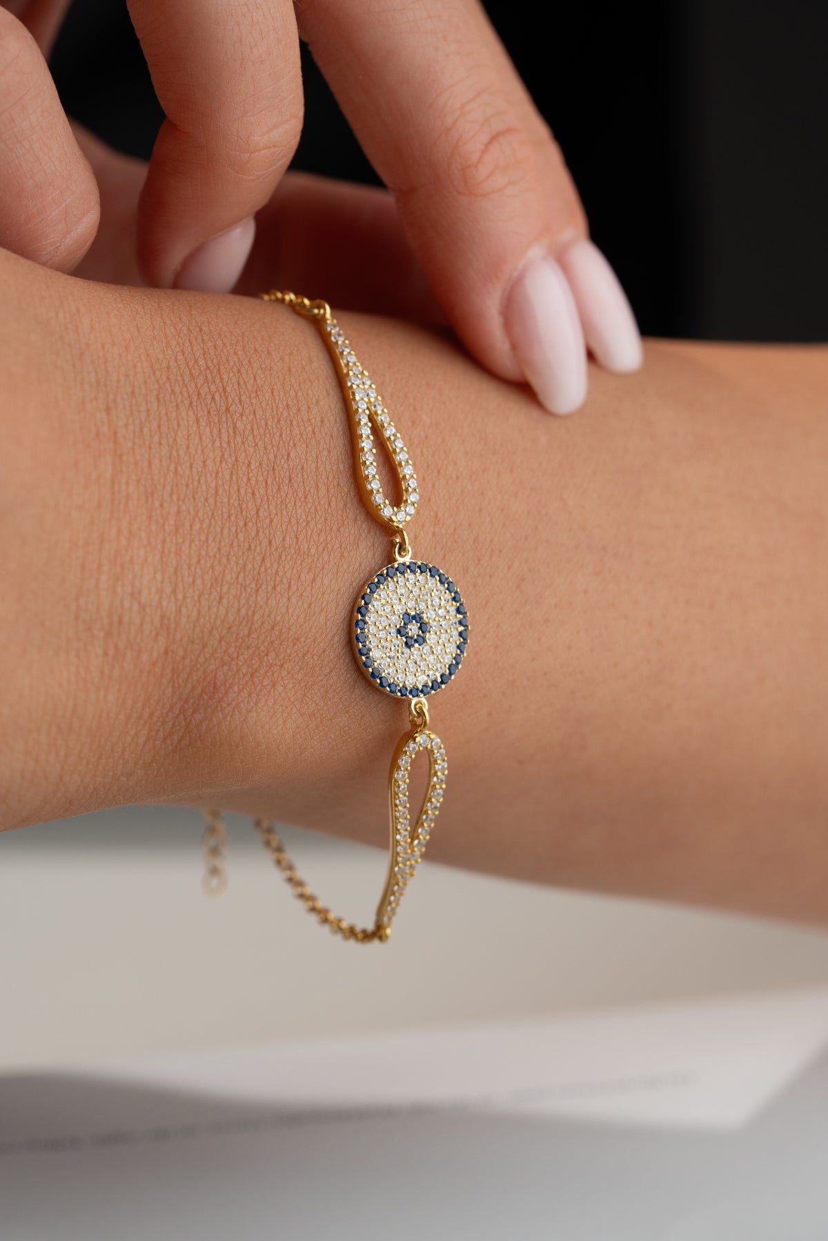 Pave Evil Eye Charm Bracelet in Gold