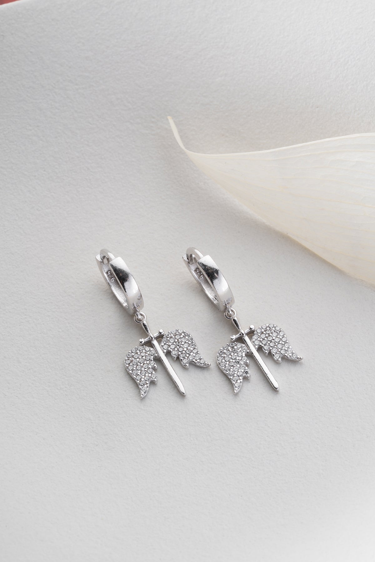 Angel Wing and Sword Huggie Earrings