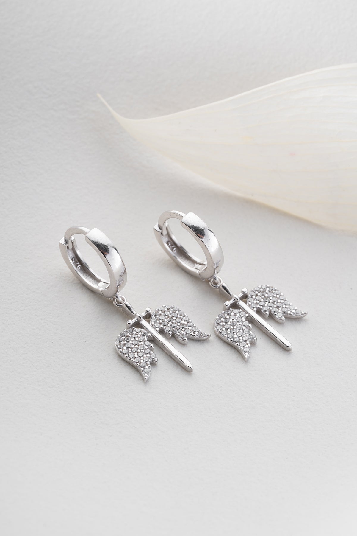 Angel Wing and Sword Huggie Earrings