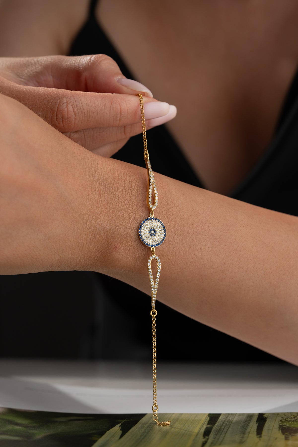 Pave Evil Eye Charm Bracelet in Gold