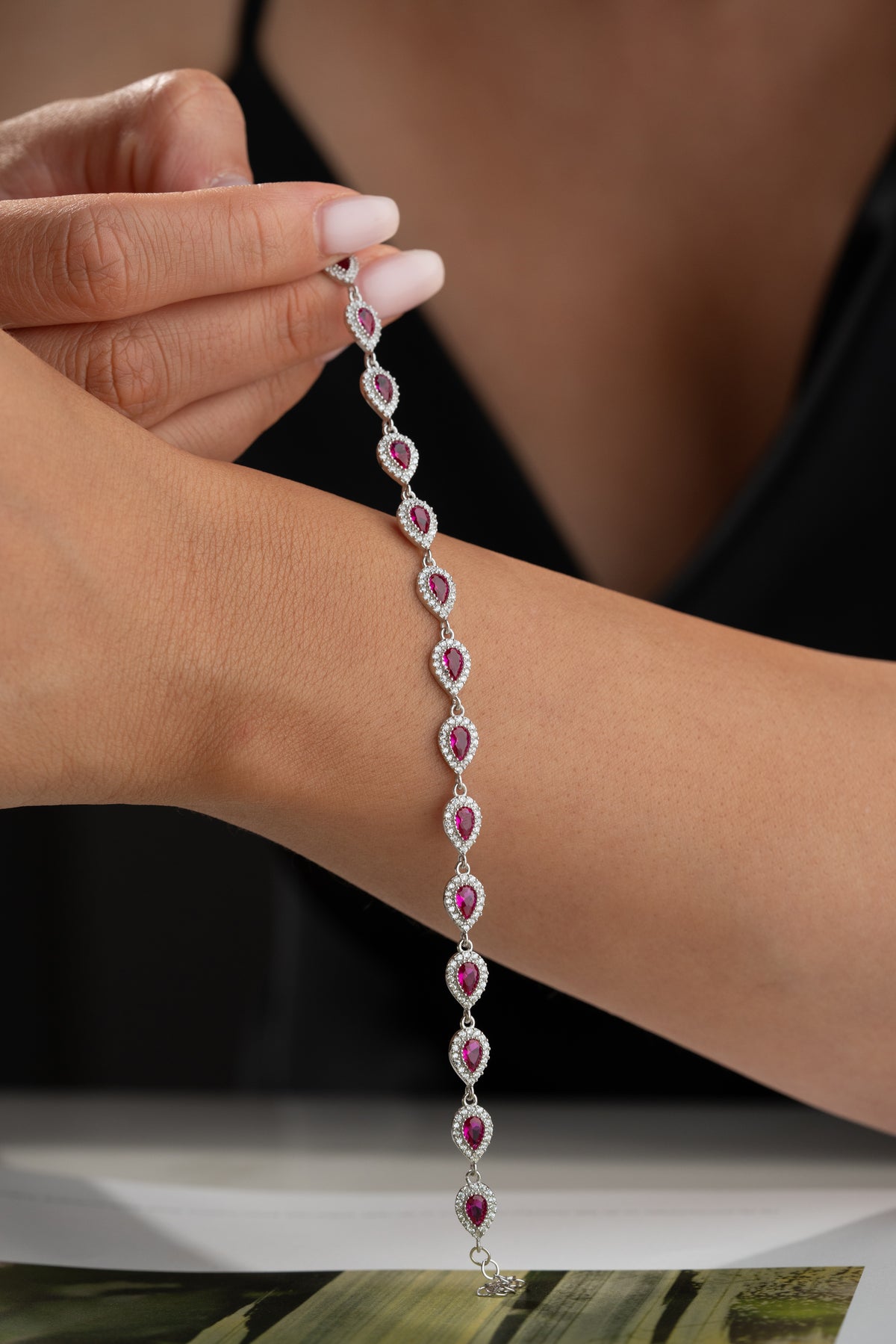 Garnet Teardrop Halo Tennis Bracelet