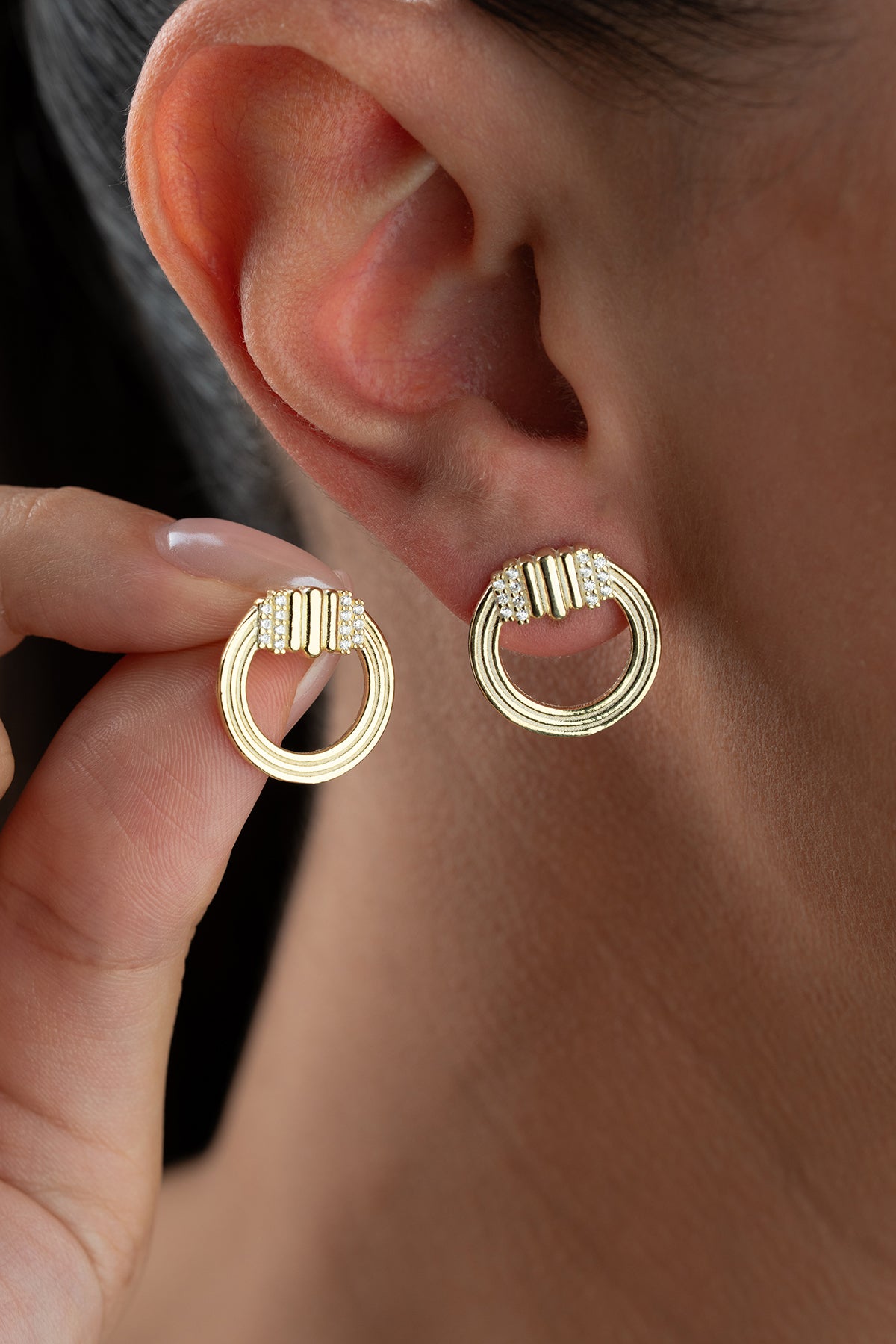 Pave Ring Circle Stud Earrings in Gold